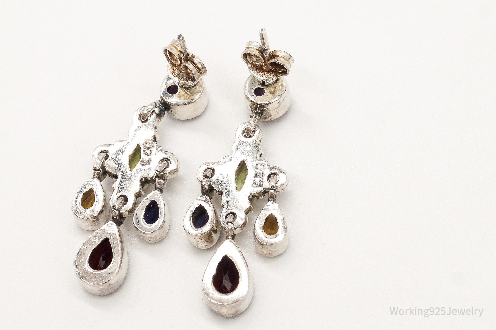 Vintage Multi Gemstone Bali Style Sterling Silver Earrings