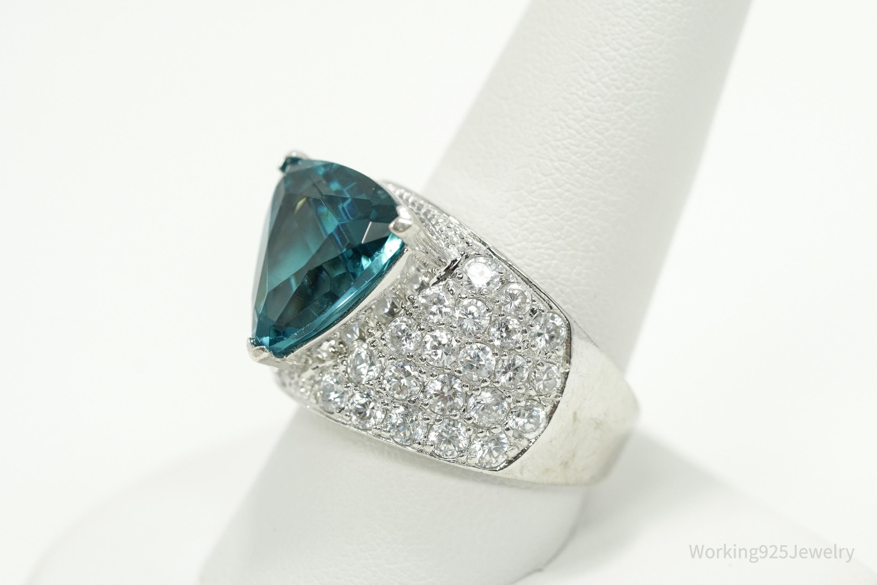 Vintage Ross Simons Large Teal Stone & Cubic Zirconia Sterling Silver Ring - Size 10