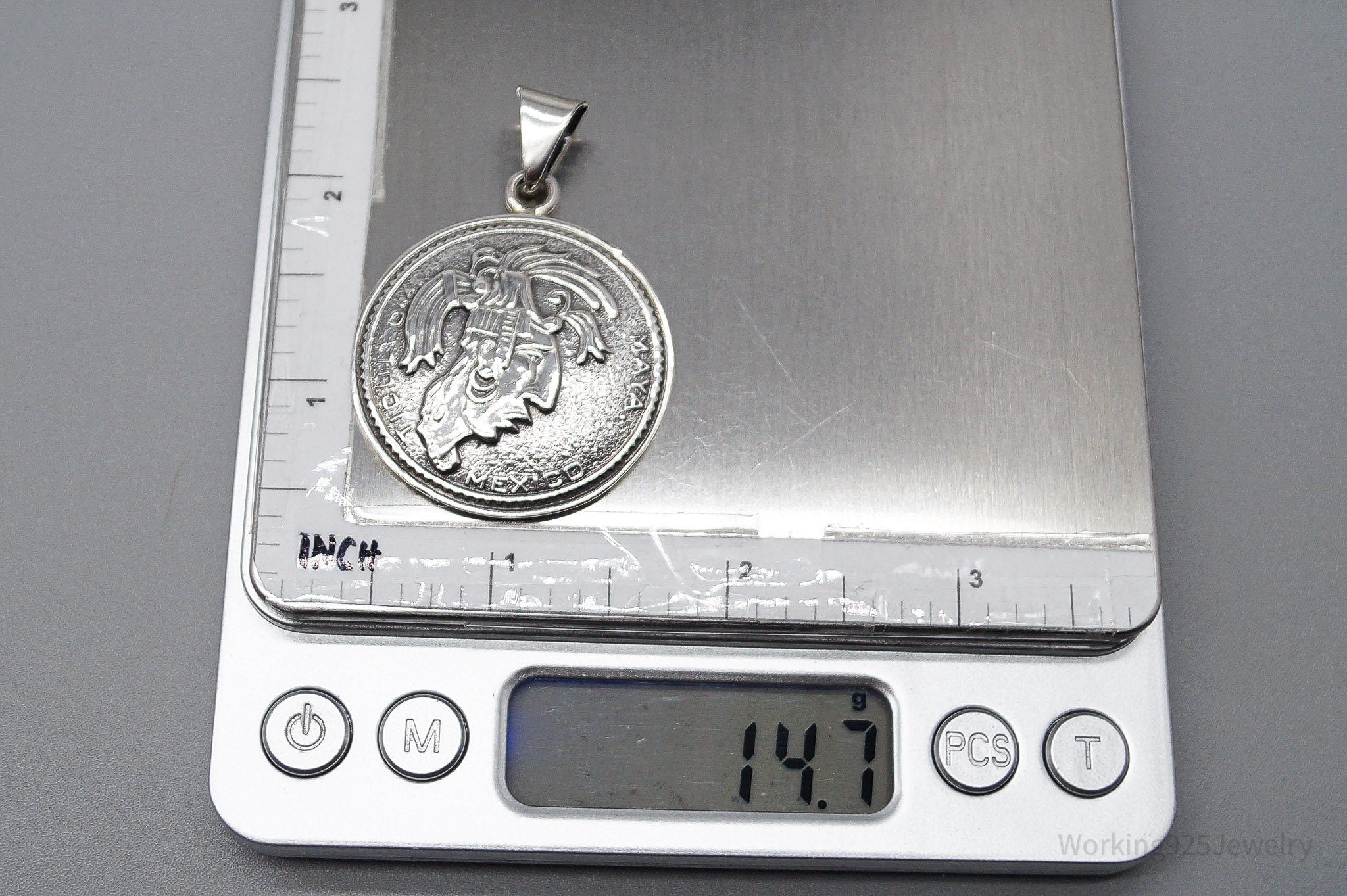 Large Vintage Mexico Mayan Warrior Sterling Silver Pendant