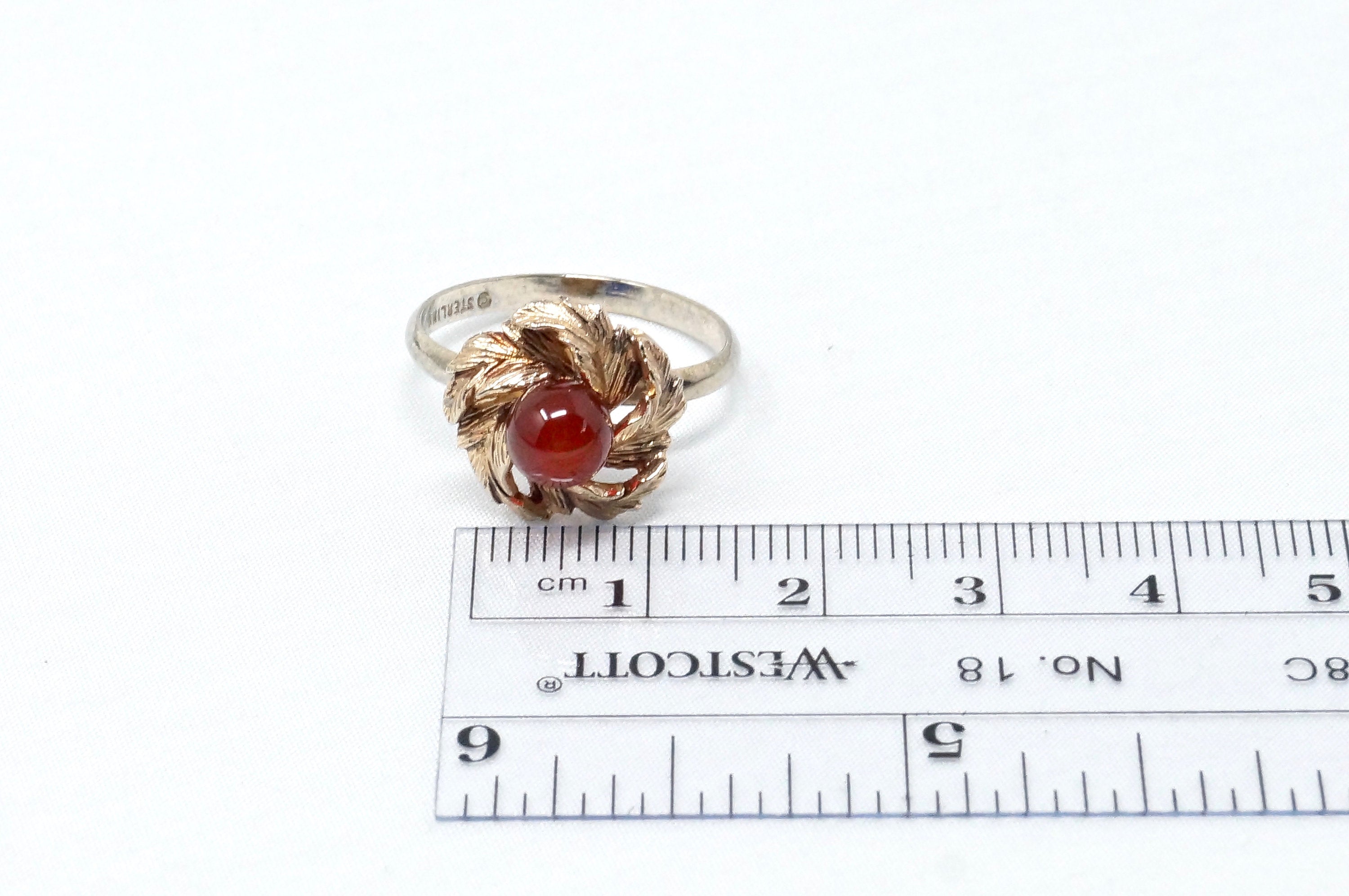 Vtg Early 1900s Style Carnelian Gold Flower Sterling Silver Adjustable Ring Sz 7