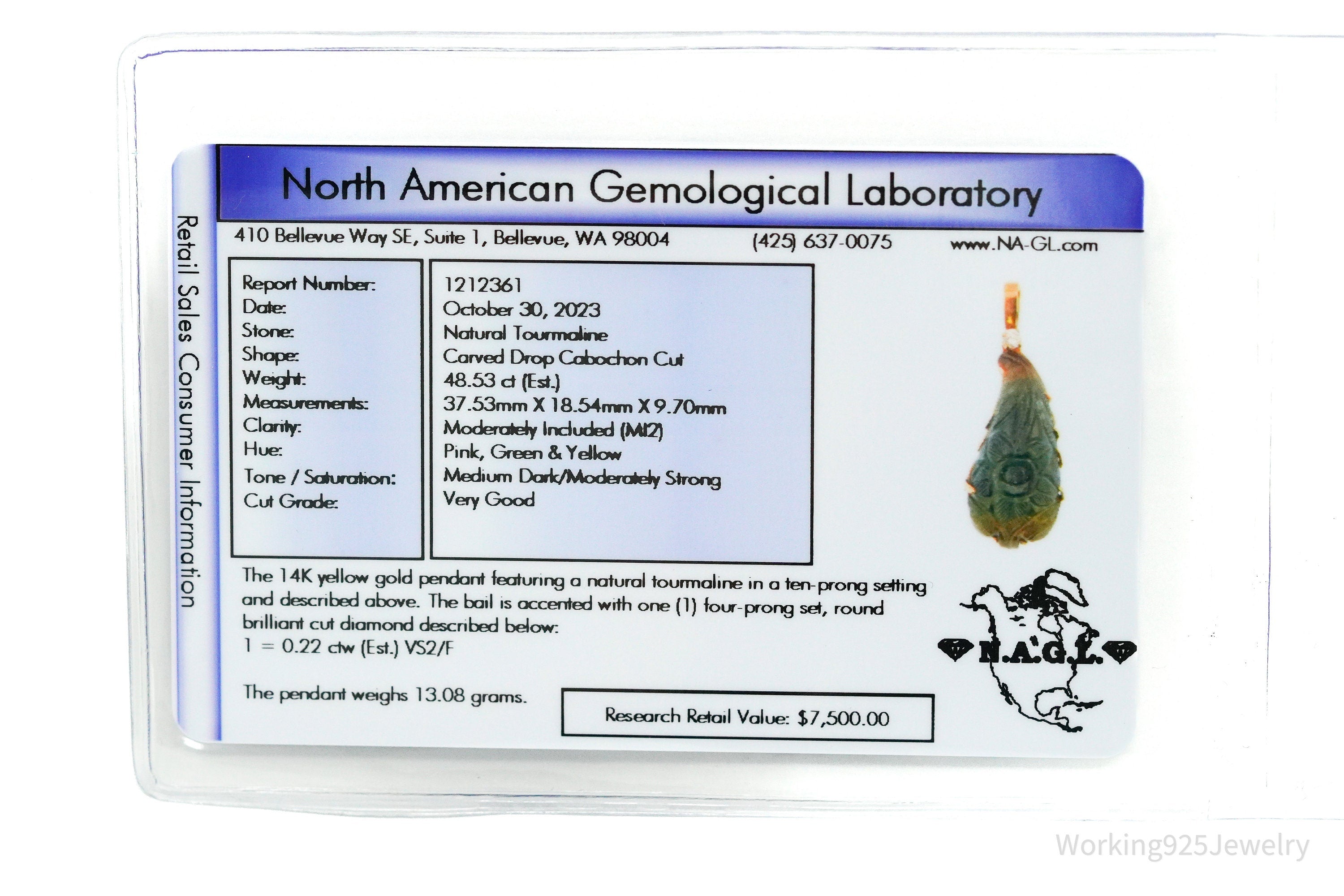 Diamond & Natural Tourmaline 14K Yellow Gold Necklace Pendant