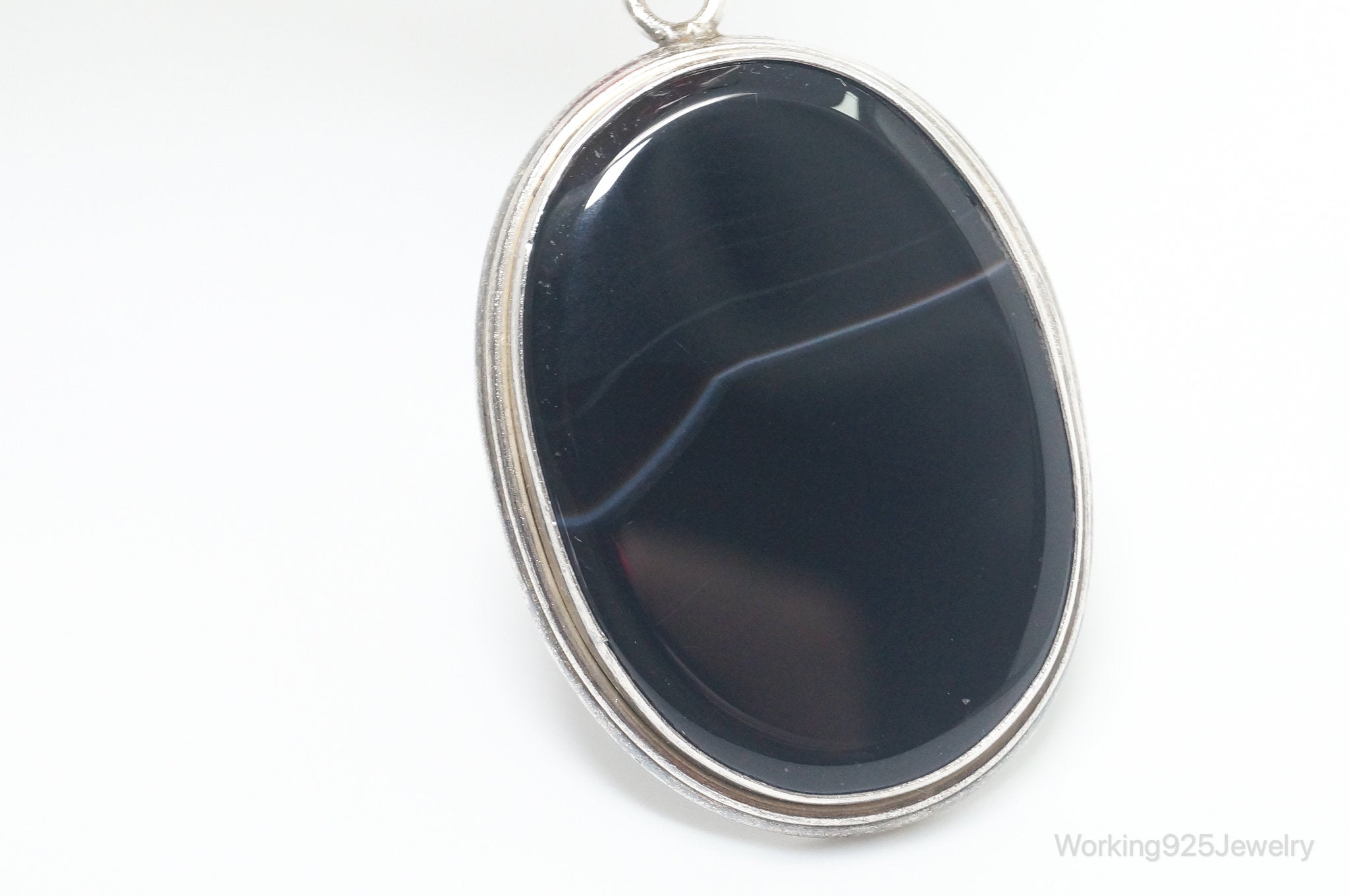 Vintage Large Black Lace Agate Sterling Silver Pendant