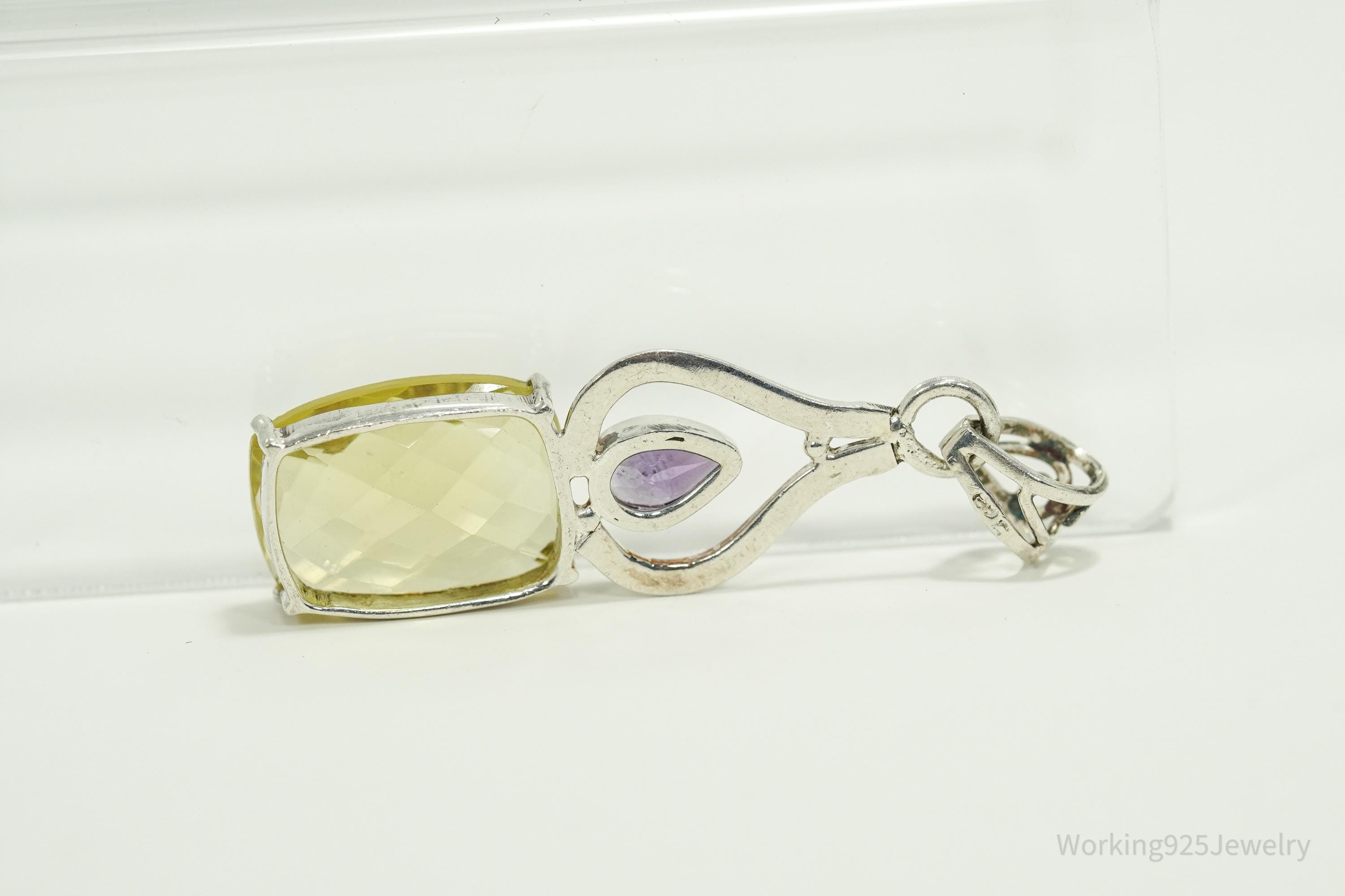 Vintage Lemon Quartz & Amethyst Sterling Silver Pendant
