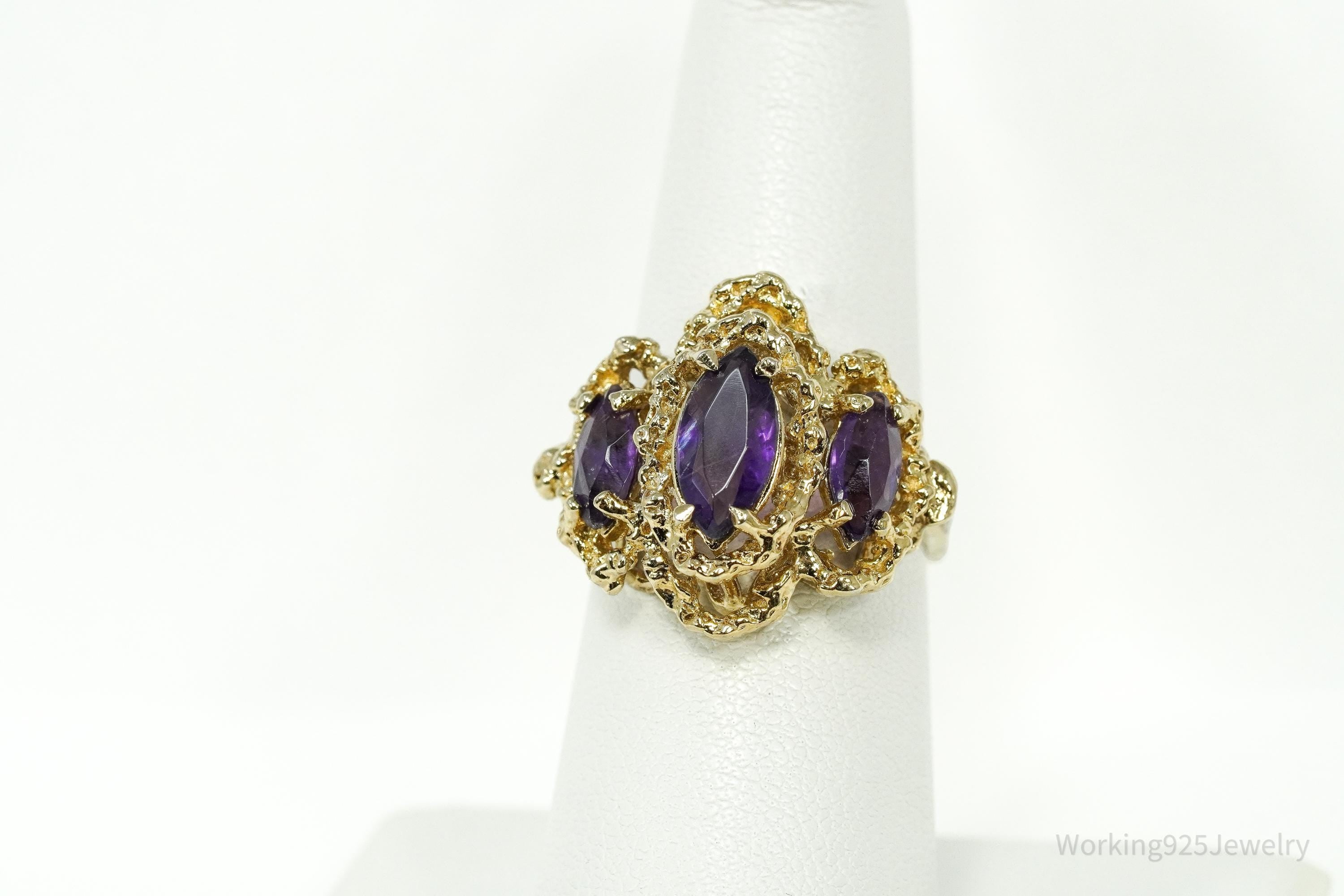 Vintage Amethyst 14K Yellow Gold Vermeil Sterling Silver Ring - Size 6.5