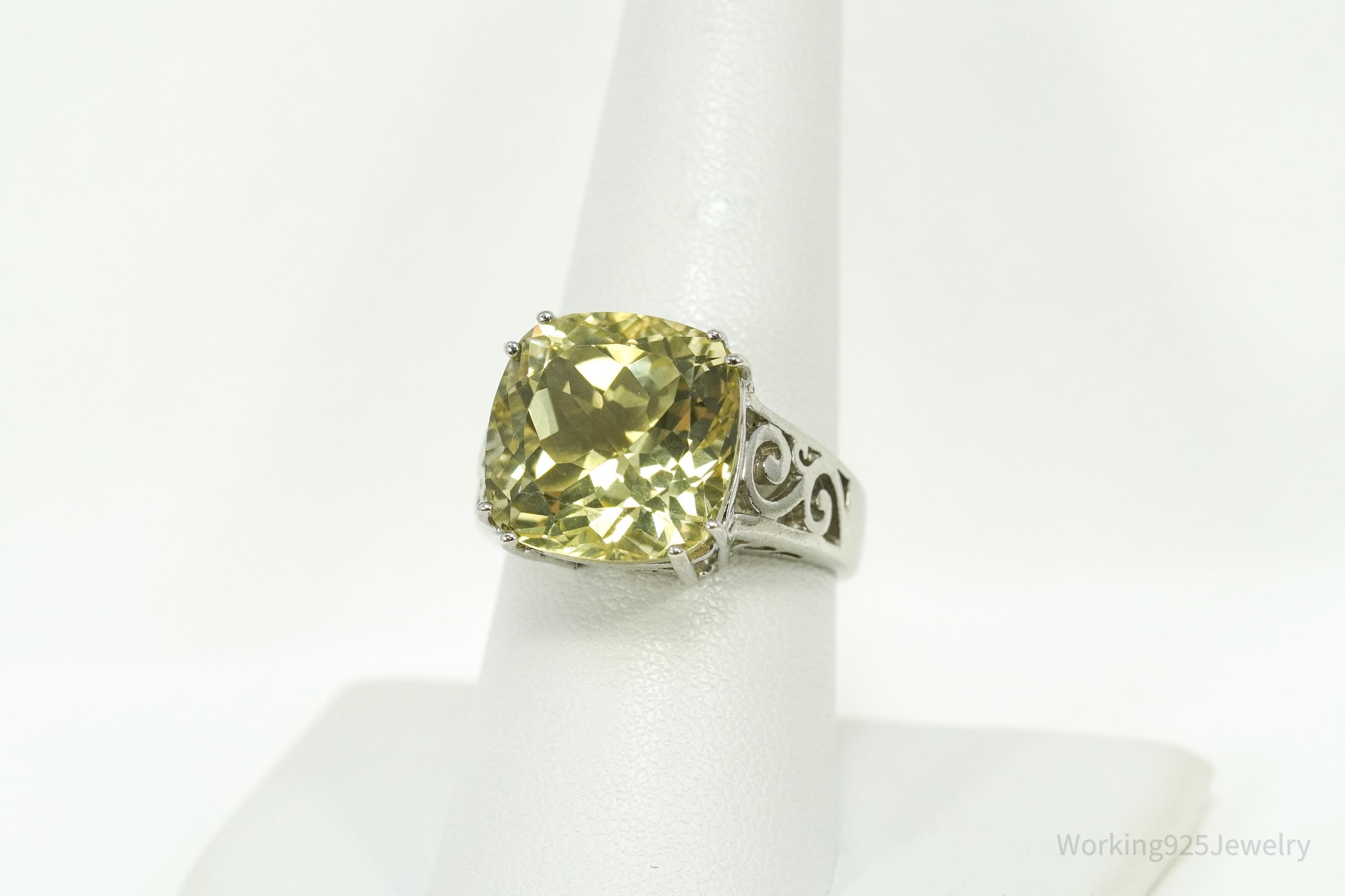 Vintage Large Lemon Citrine Sterling Silver Ring - Size 8