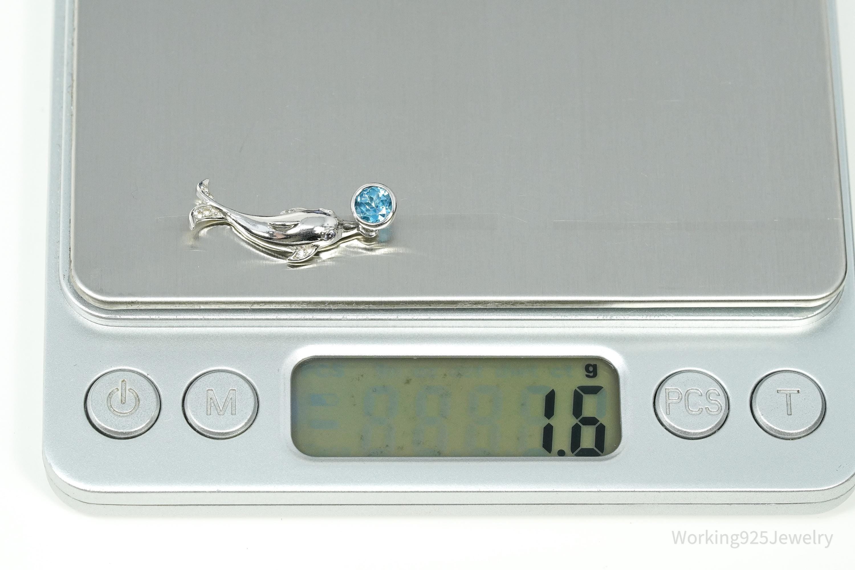 Vintage Blue Topaz Dolphin Sterling Silver Necklace Pendant 1 1/8"