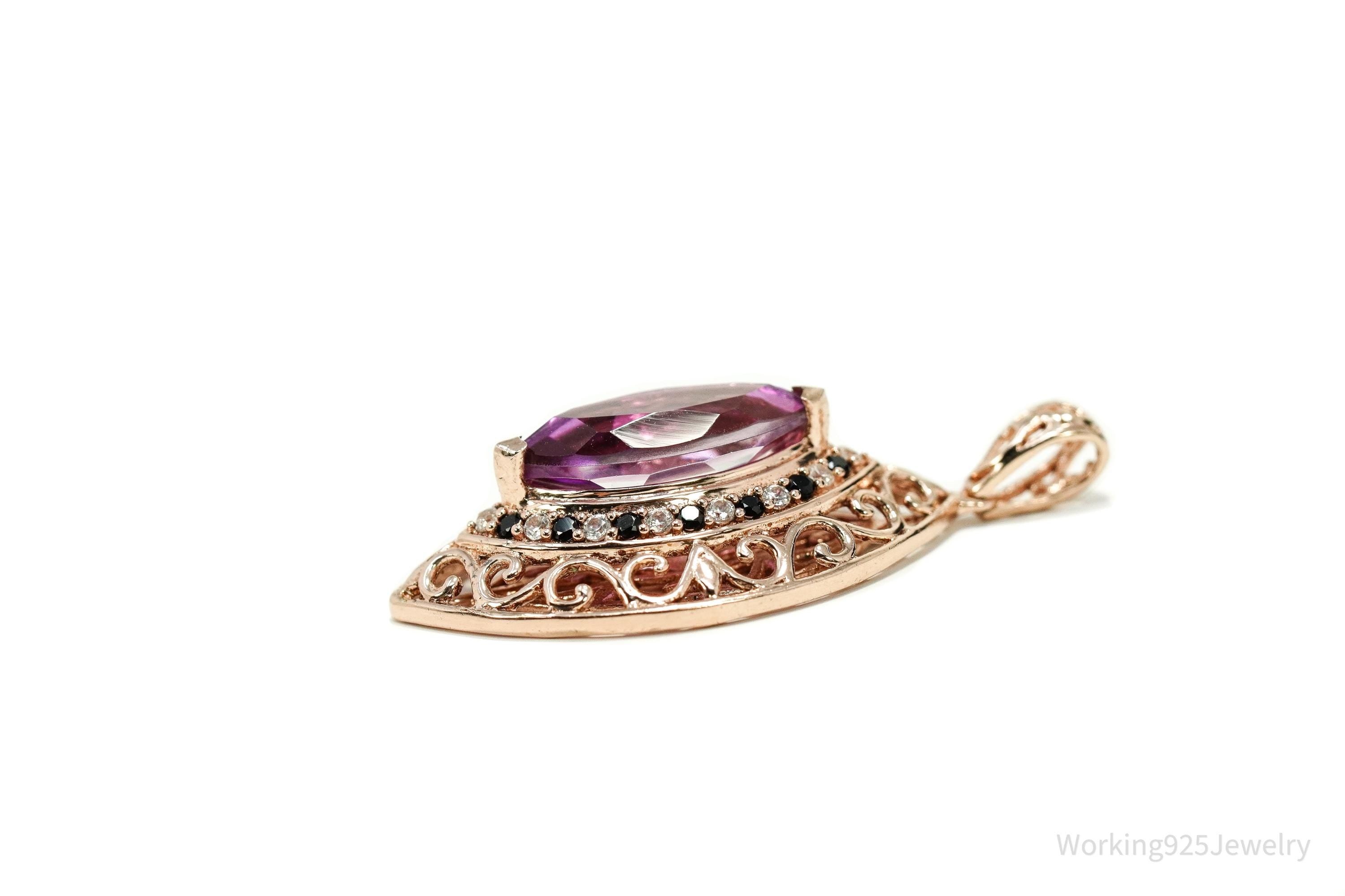 Pink Topaz Black Spinel Cubic Zirconia Rose Gold Vermeil Sterling Silver Necklace Pendant