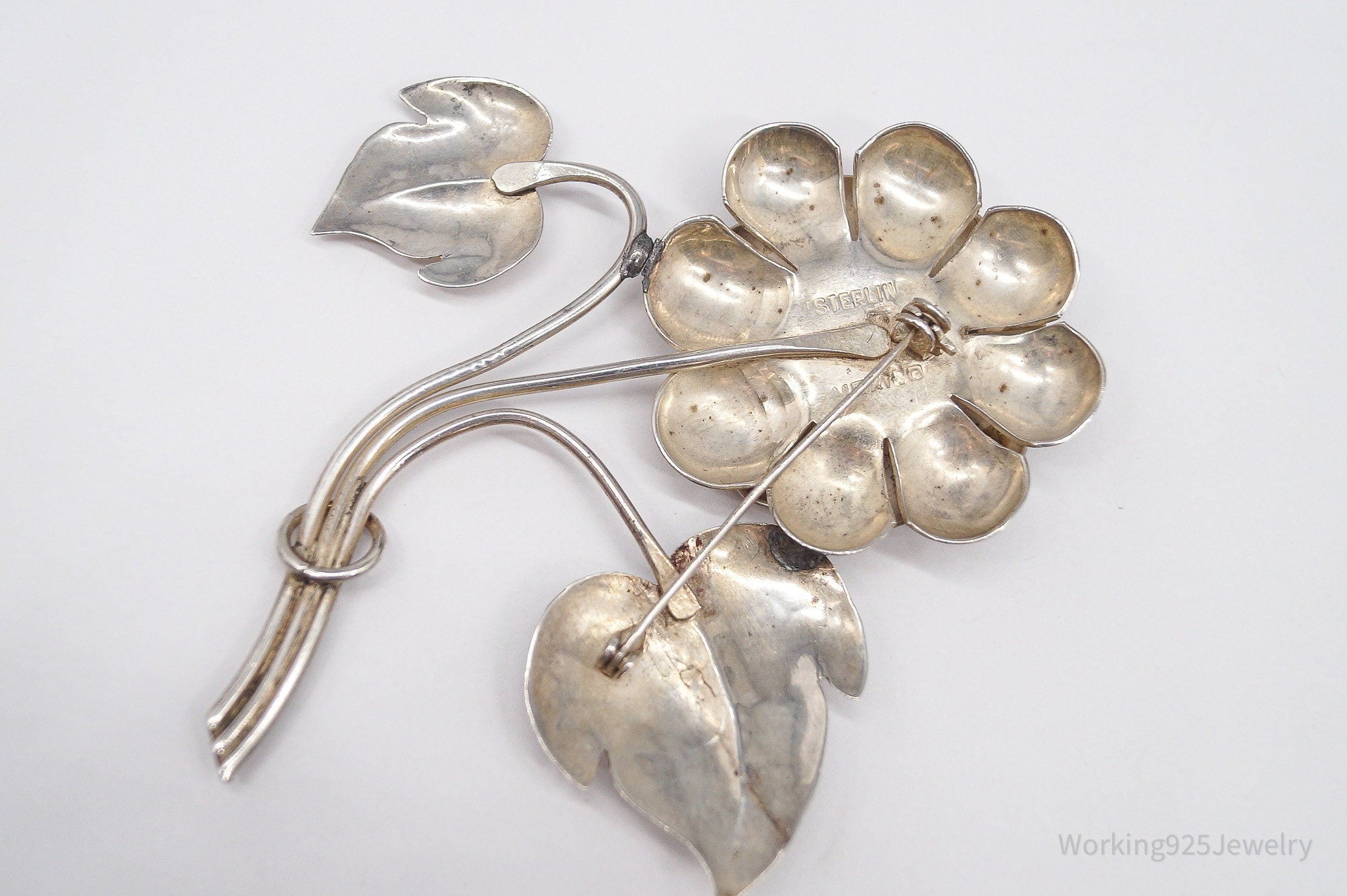 Large Vintage Mexico Modernist Flower Amethyst & Sterling Silver Brooch Pin