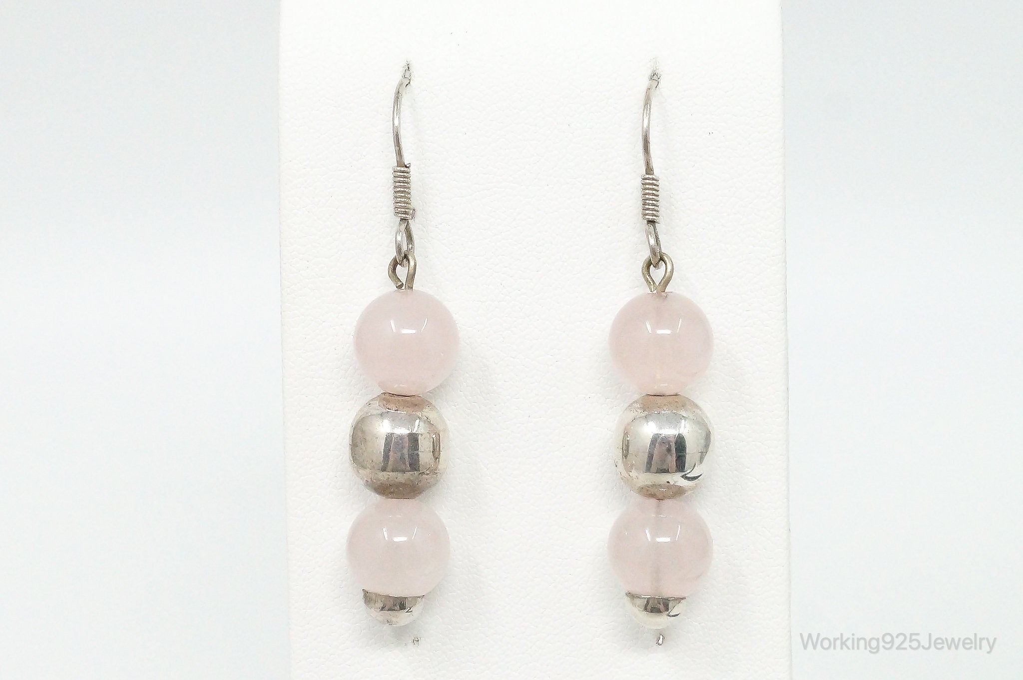 Vintage Rose Quartz Sterling Silver Dangle Earrings