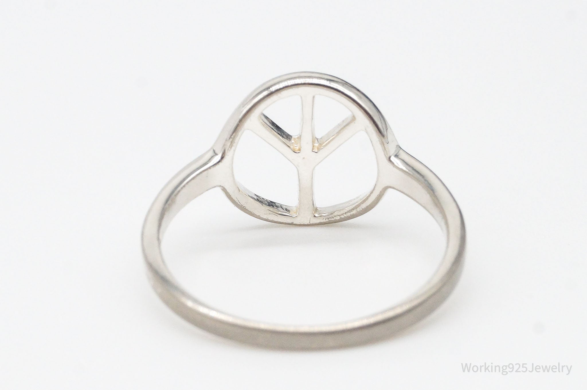 Vintage Peace Sign Sterling Silver Rhodium Plated Ring - Size 6.75