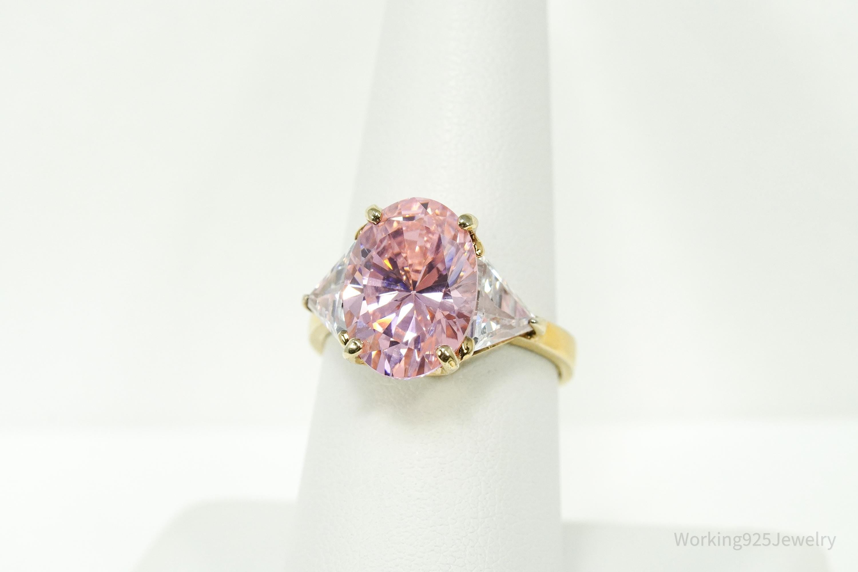 Vintage EDCO Pink & White Cubic Zirconia Gold Vermeil Sterling Silver Ring Size 8