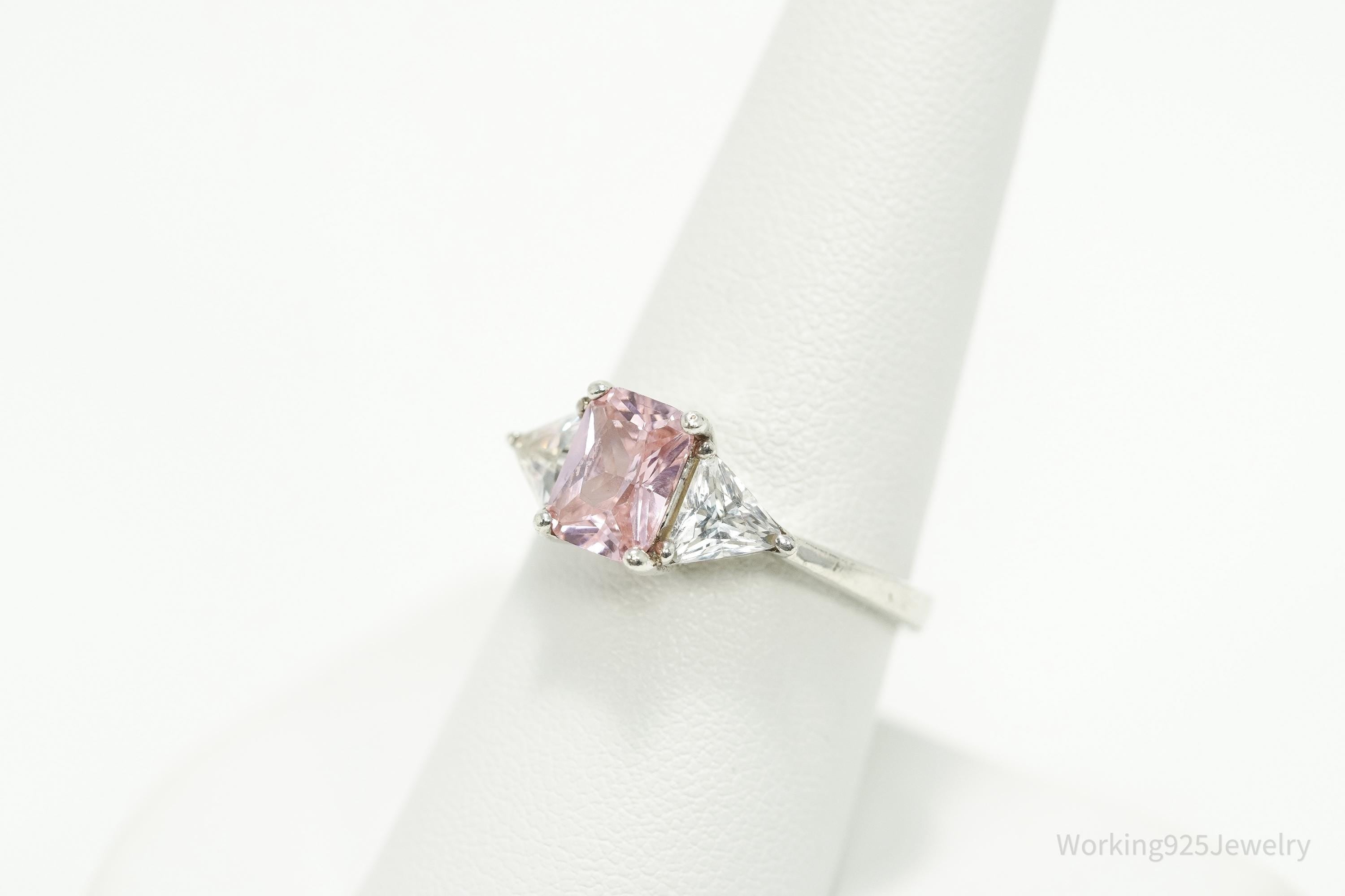 Vintage Pink & White Cubic Zirconia Sterling Silver Ring - Size 8.25