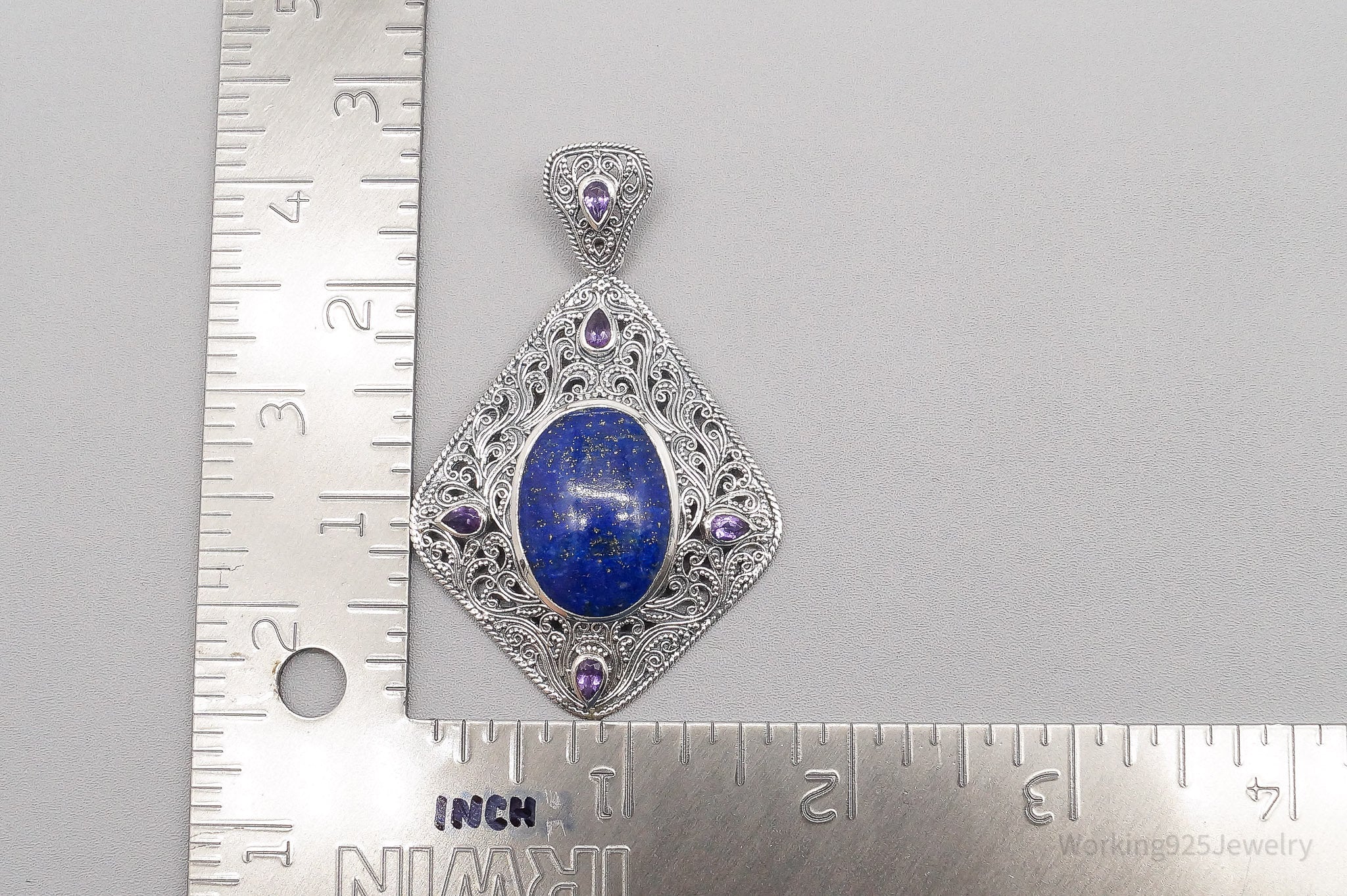 Vintage TGGC Large Lapis Lazuli Amethyst Filigree Sterling Silver Pendant