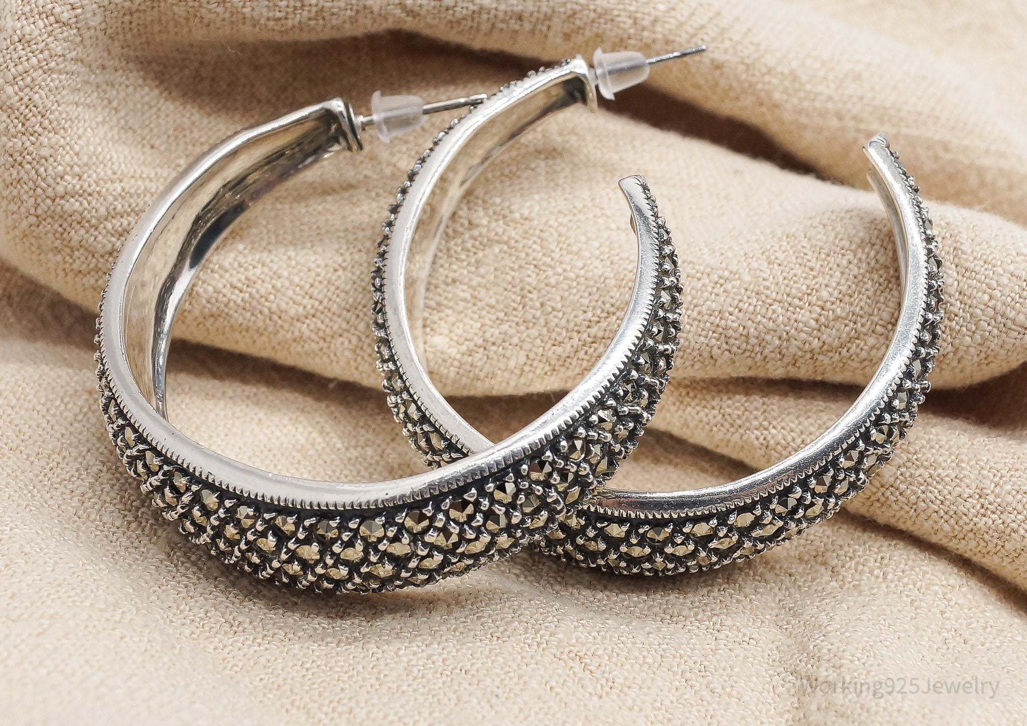 Vintage Designer Judith Jack Marcasite Sterling Silver Hoop Earrings