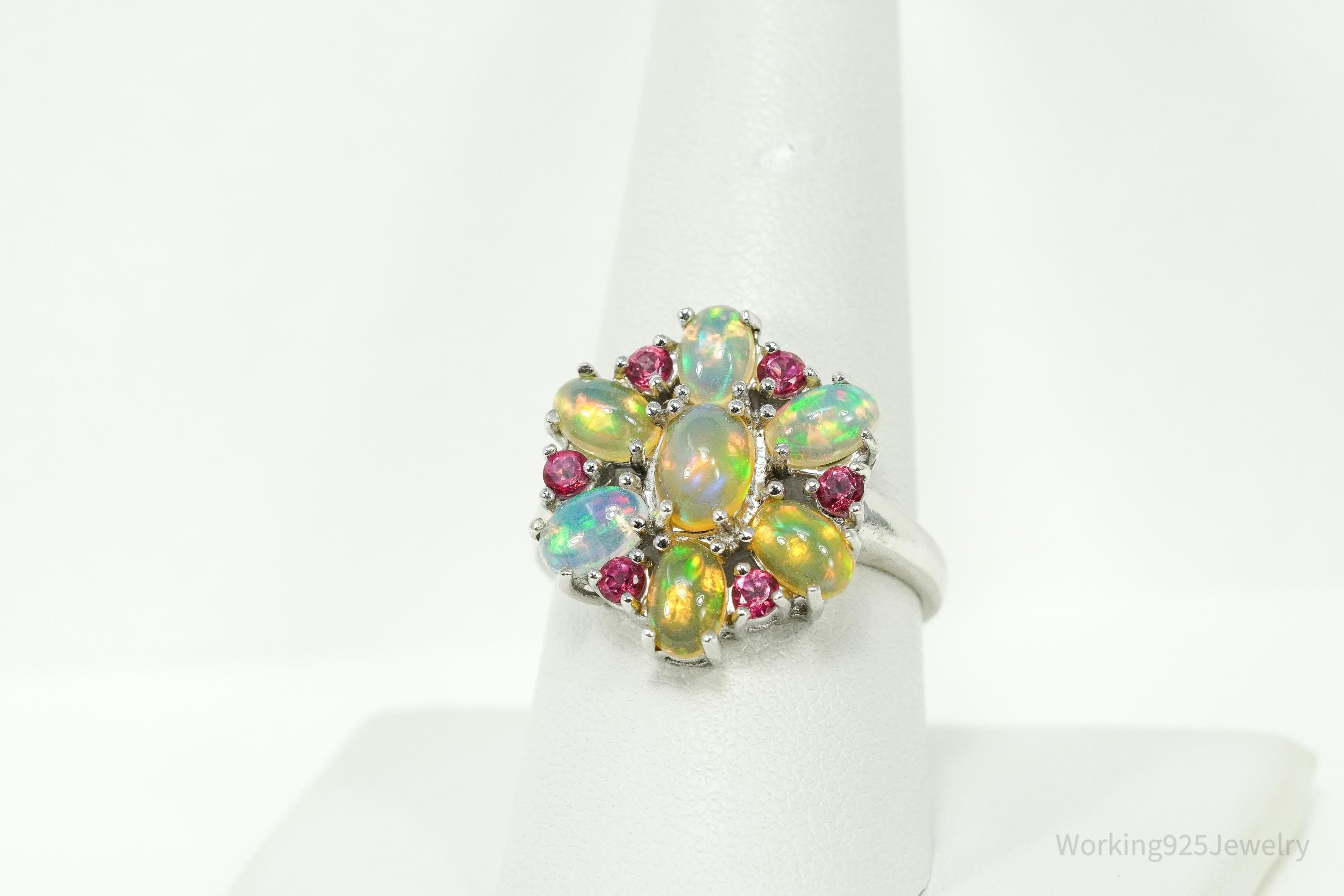 Vintage Opal & Pink Topaz Sterling Silver Ring - Size 9