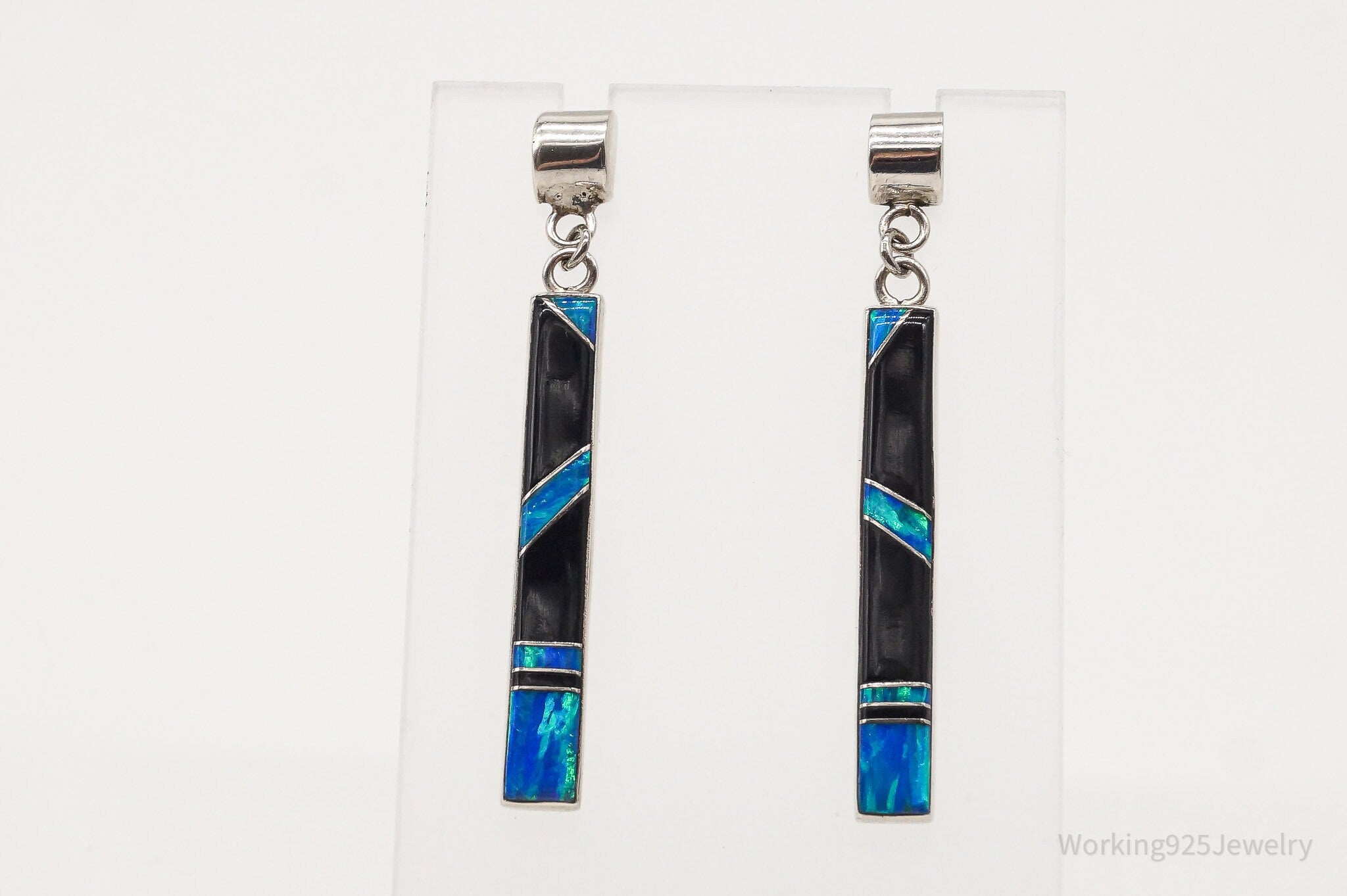 Vintage Native American AC Blue Opal Black Onyx Sterling Silver Earrings