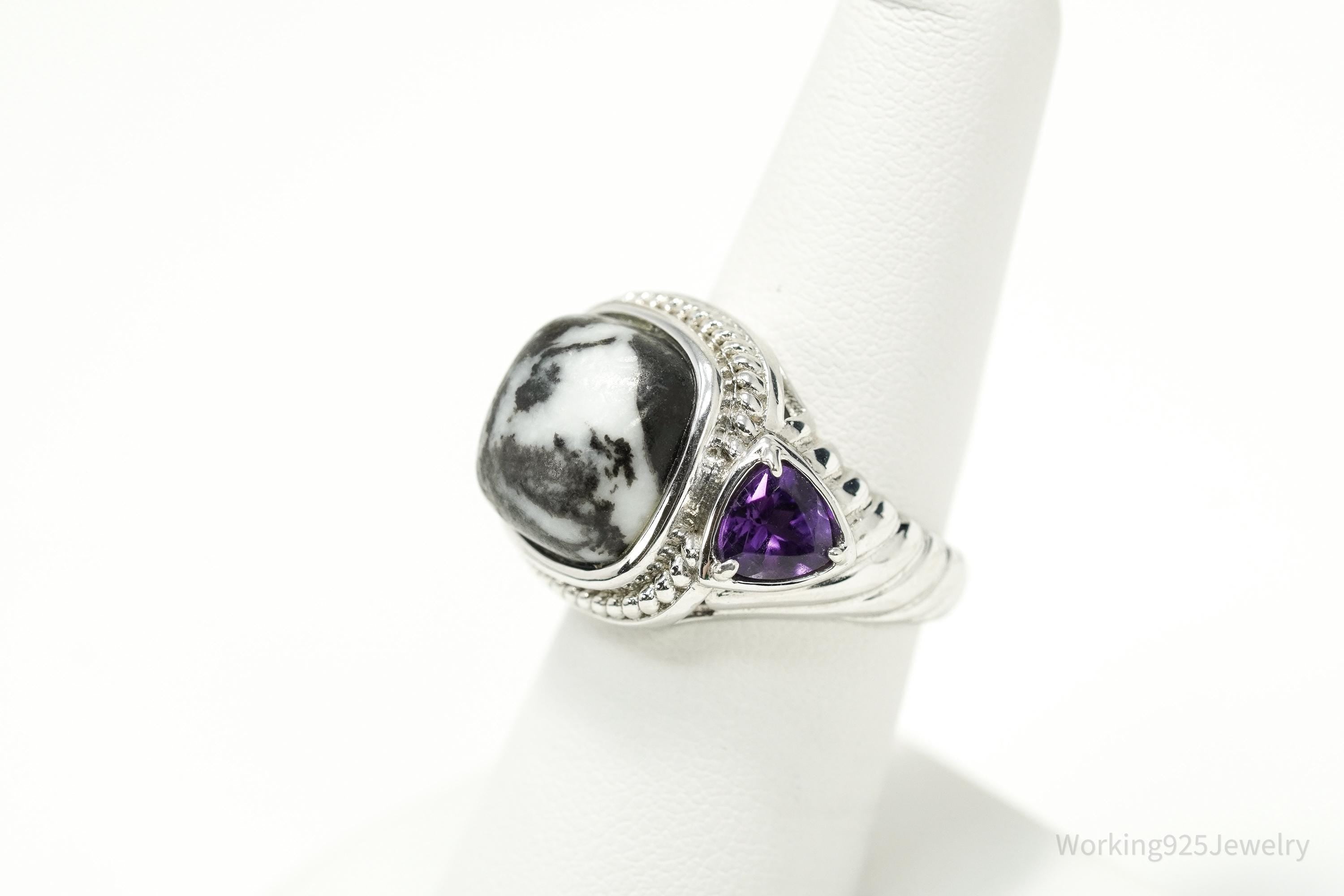 Vintage Black & White Gemstone Amethyst Sterling Silver Ring – Size 7