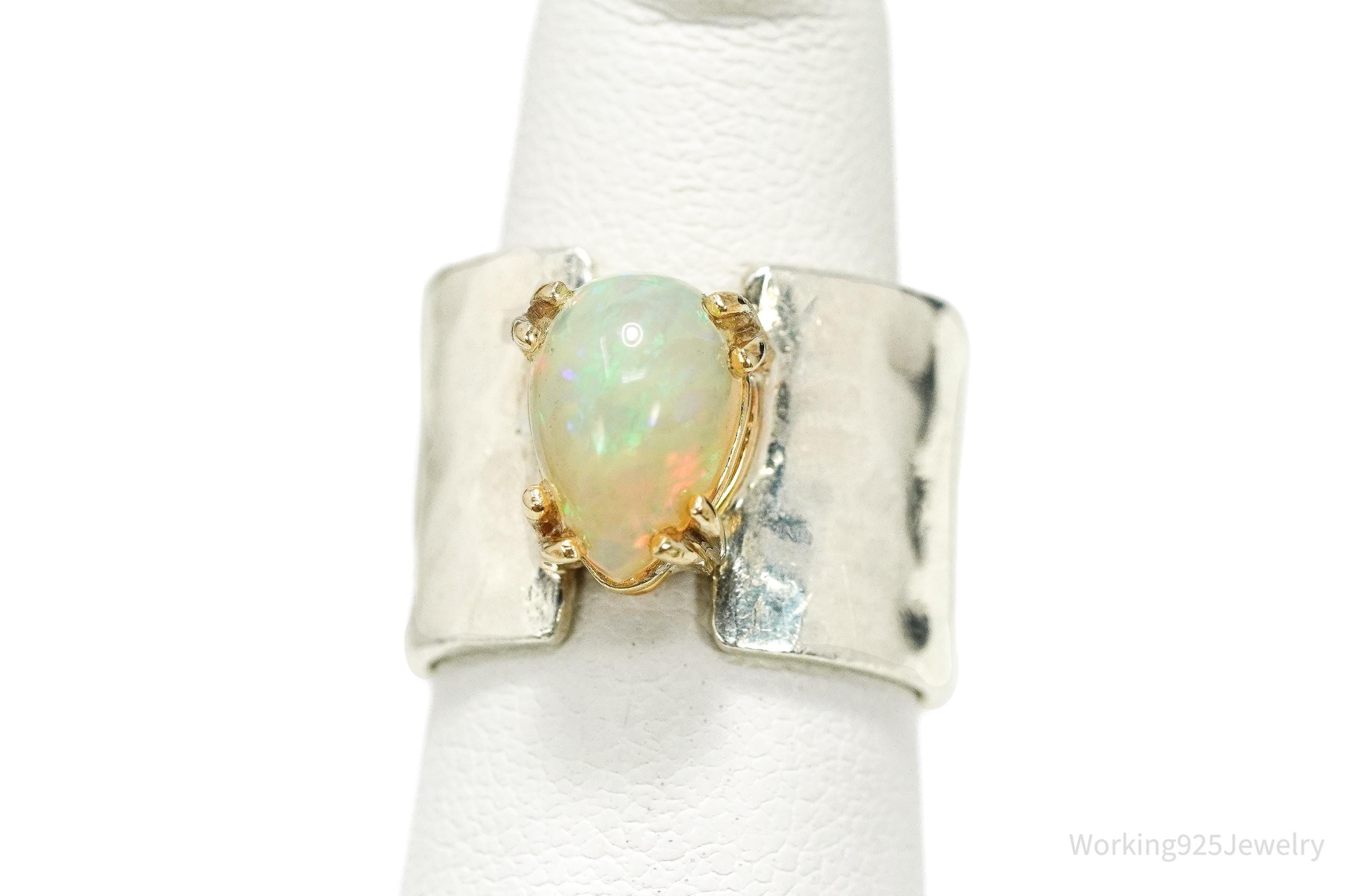 Vintage Opal Hammered Style Band Gold Vermeil Silver Ring - Size 5.5