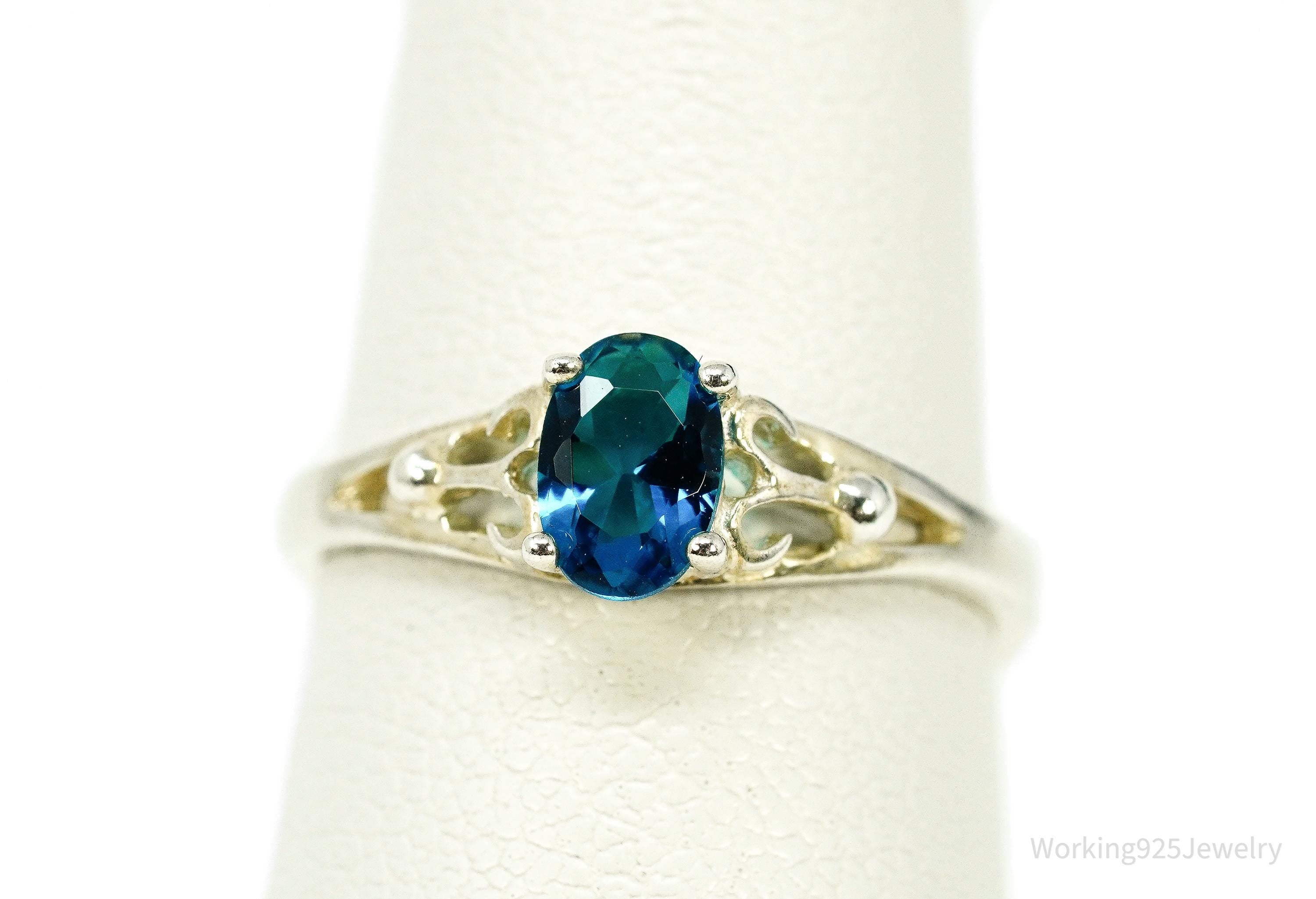 Vintage Faux Sapphire Sterling Silver Ring - Size 4.5 Adjustable