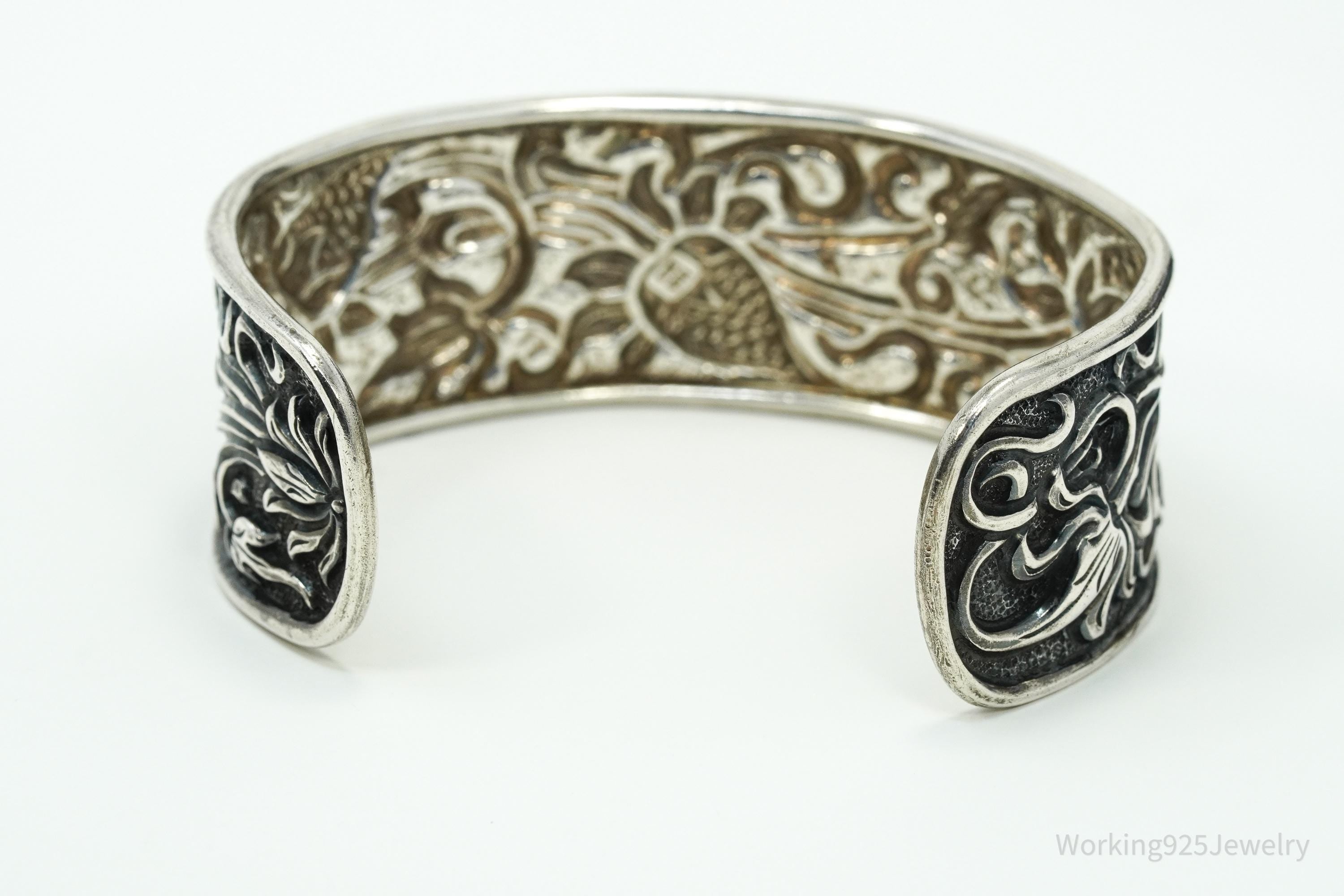 Vintage TIKA Strawberry Floral Pattern Repousse Sterling Silver Cuff Bracelet 7 5/8"