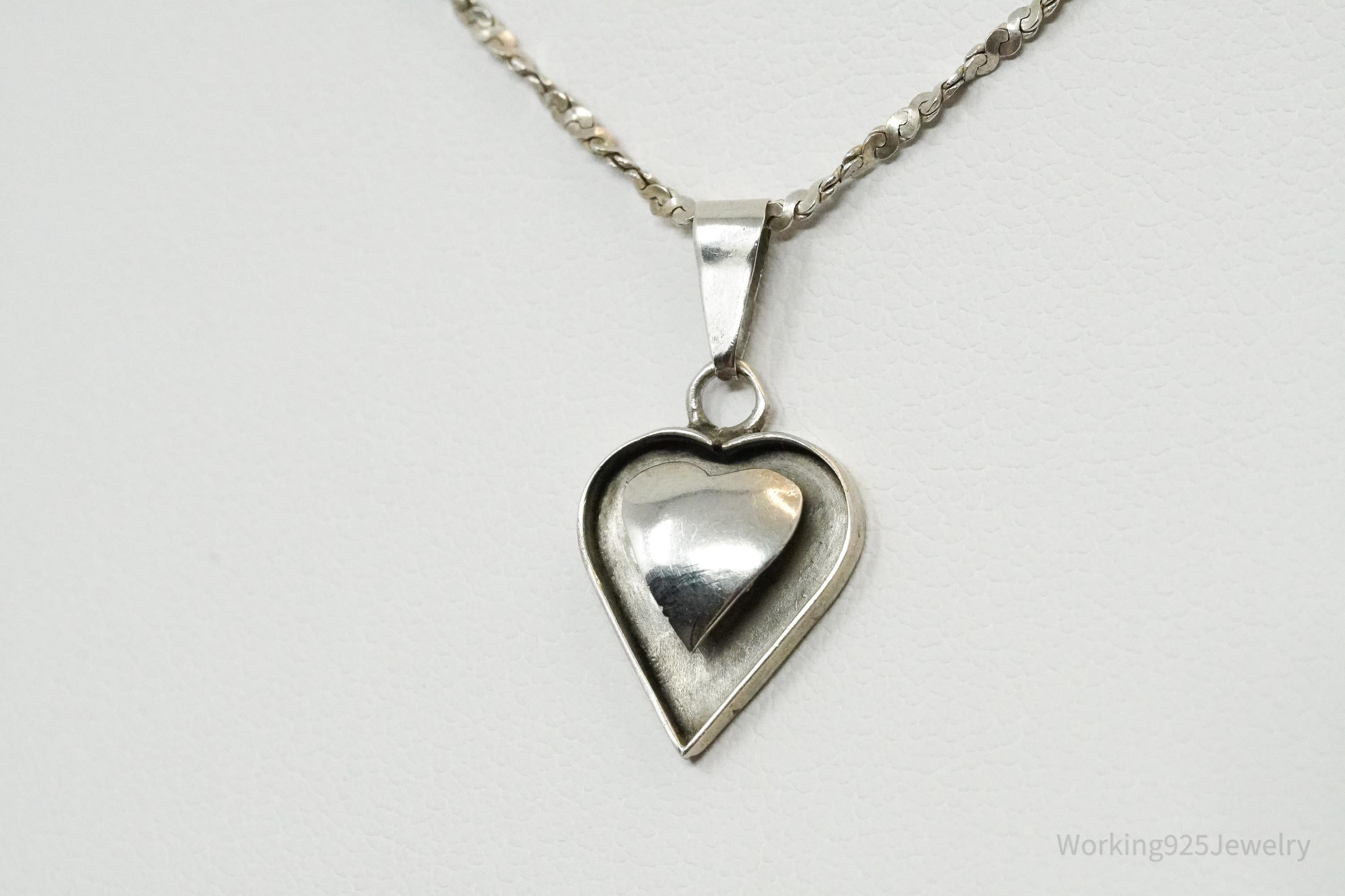 Vintage Mexico Modernist Heart Sterling Silver Necklace 20"