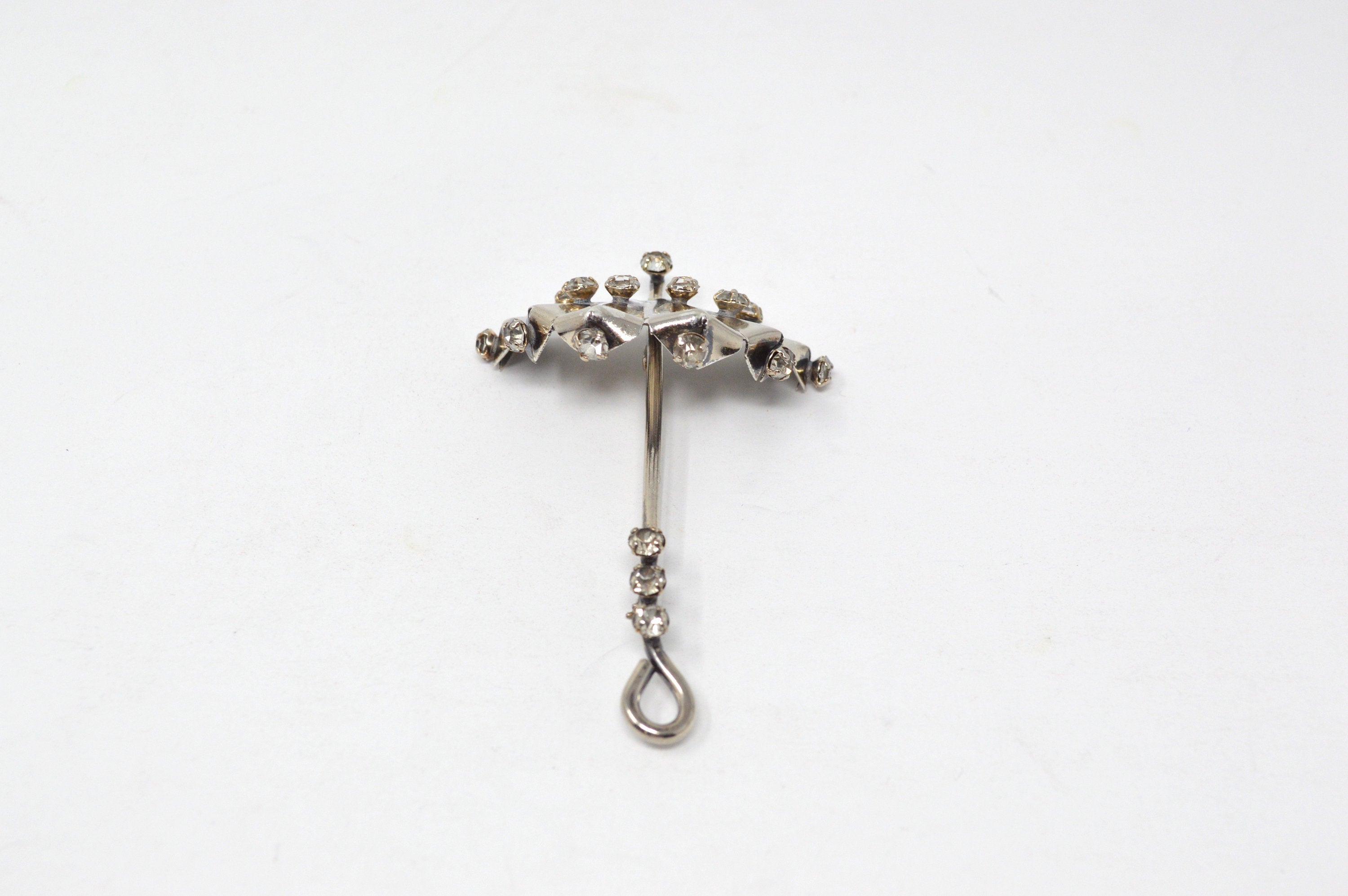 Vintage Rhinestone and Sterling Silver Umbrella Brooch / Pin -