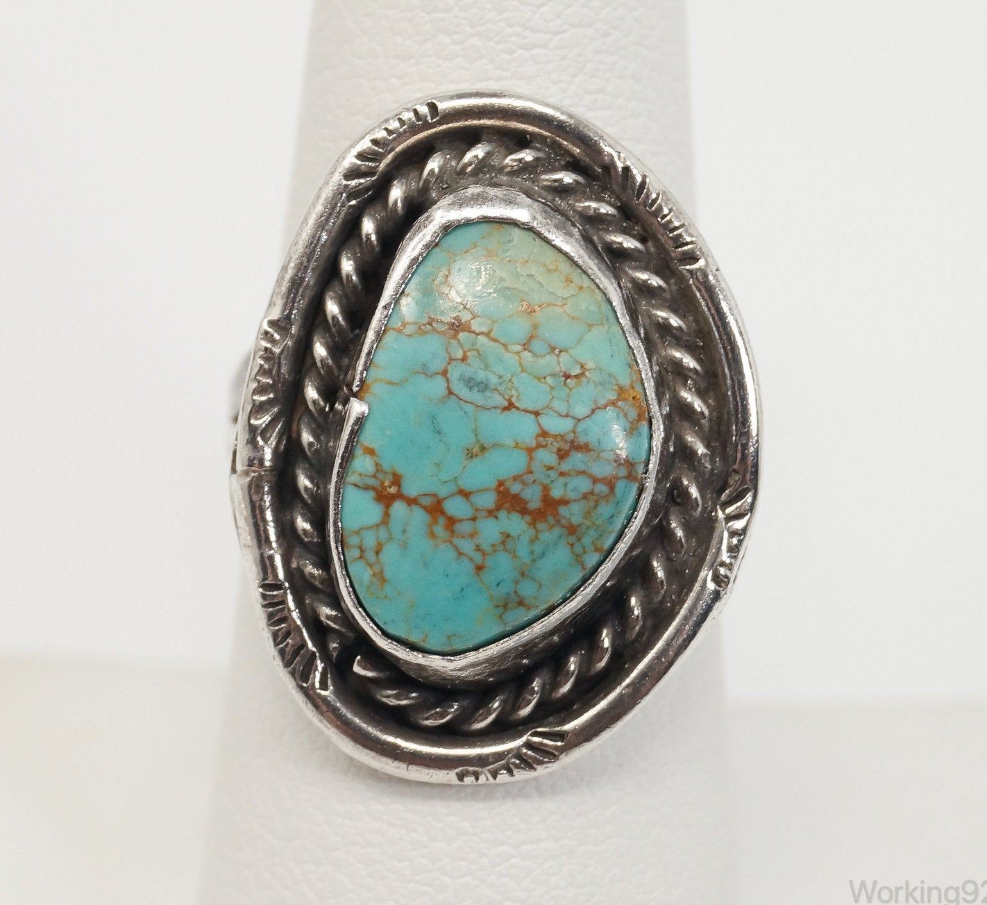 Vintage Native American Turquoise Unsigned Sterling Silver Ring - SZ 8