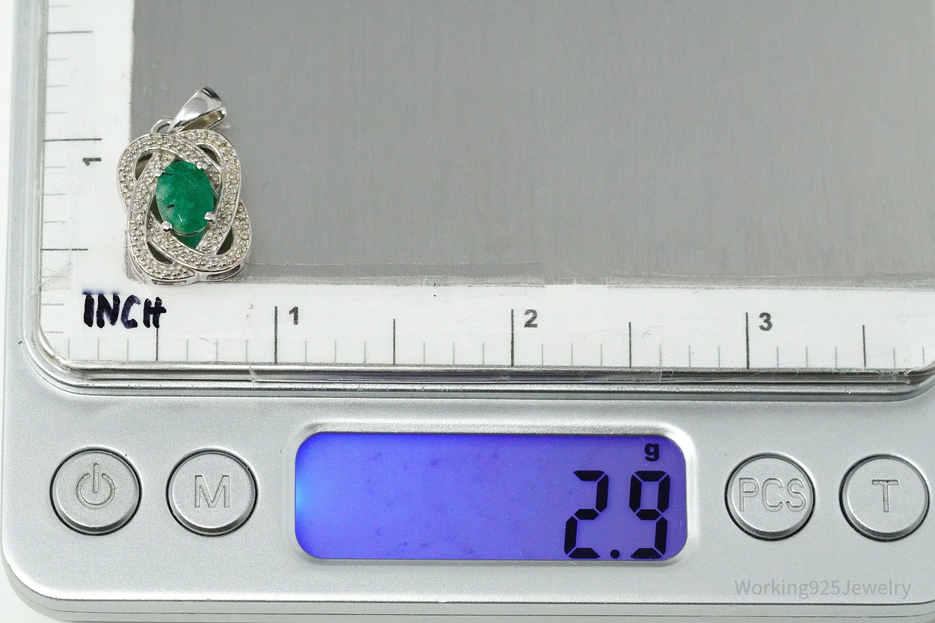 TGGC Emerald & Two Diamond Sterling Silver Necklace Pendant
