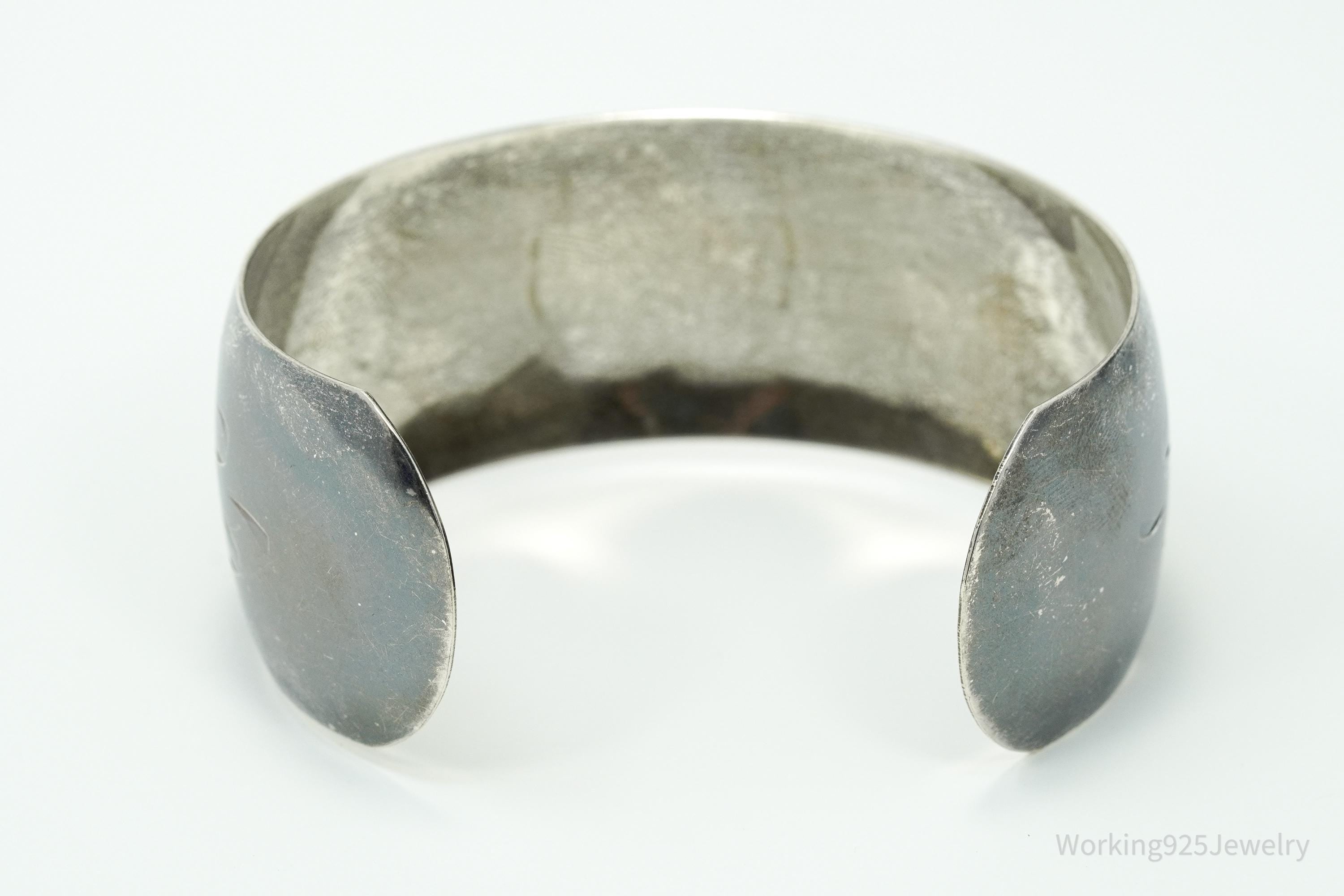 Antique Art Nouveau Floral Etched Sterling Silver Cuff Bracelet - 7 5/8"