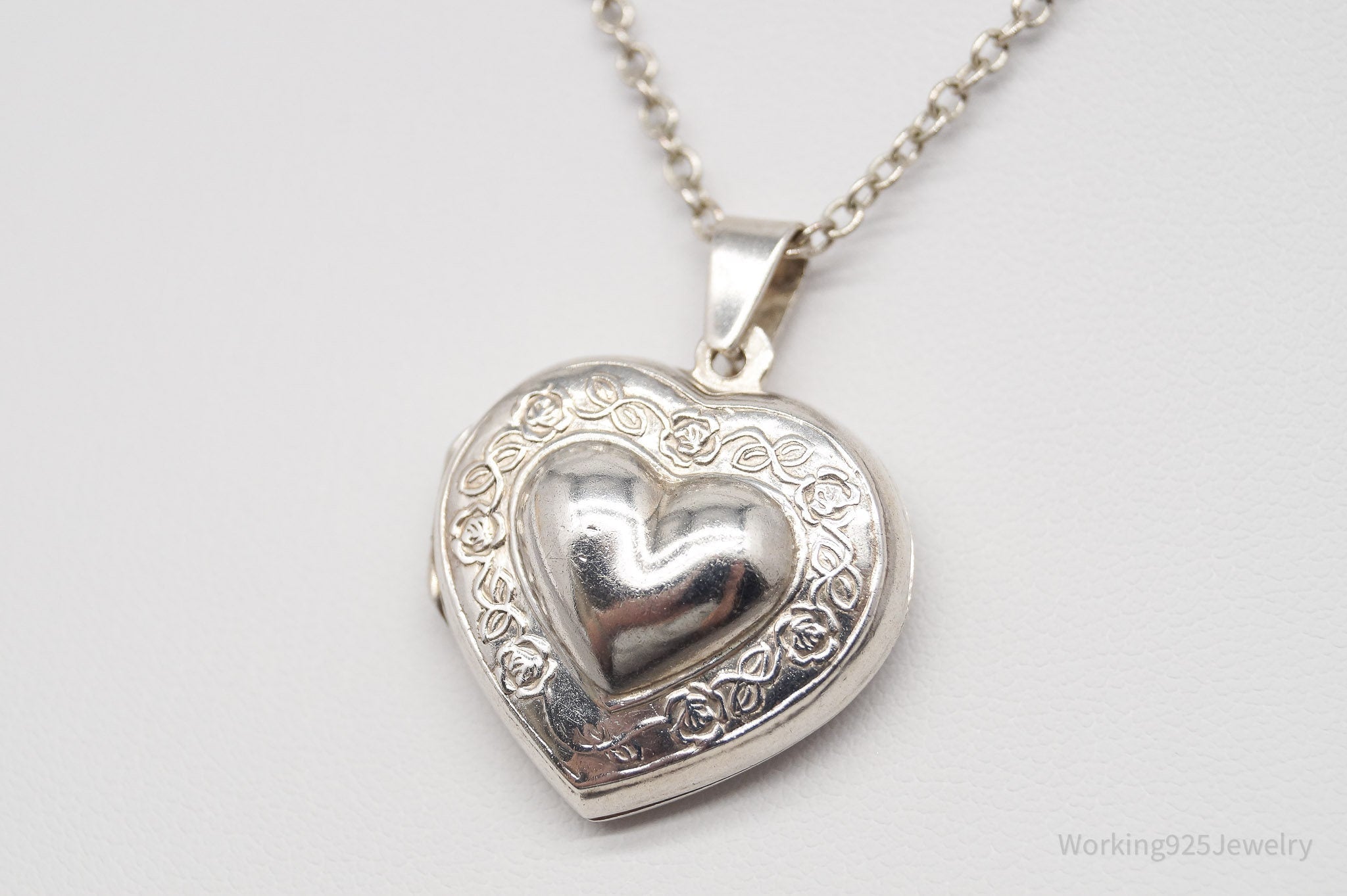 Vintage Large Heart Picture Locket Sterling Silver Necklace 18"