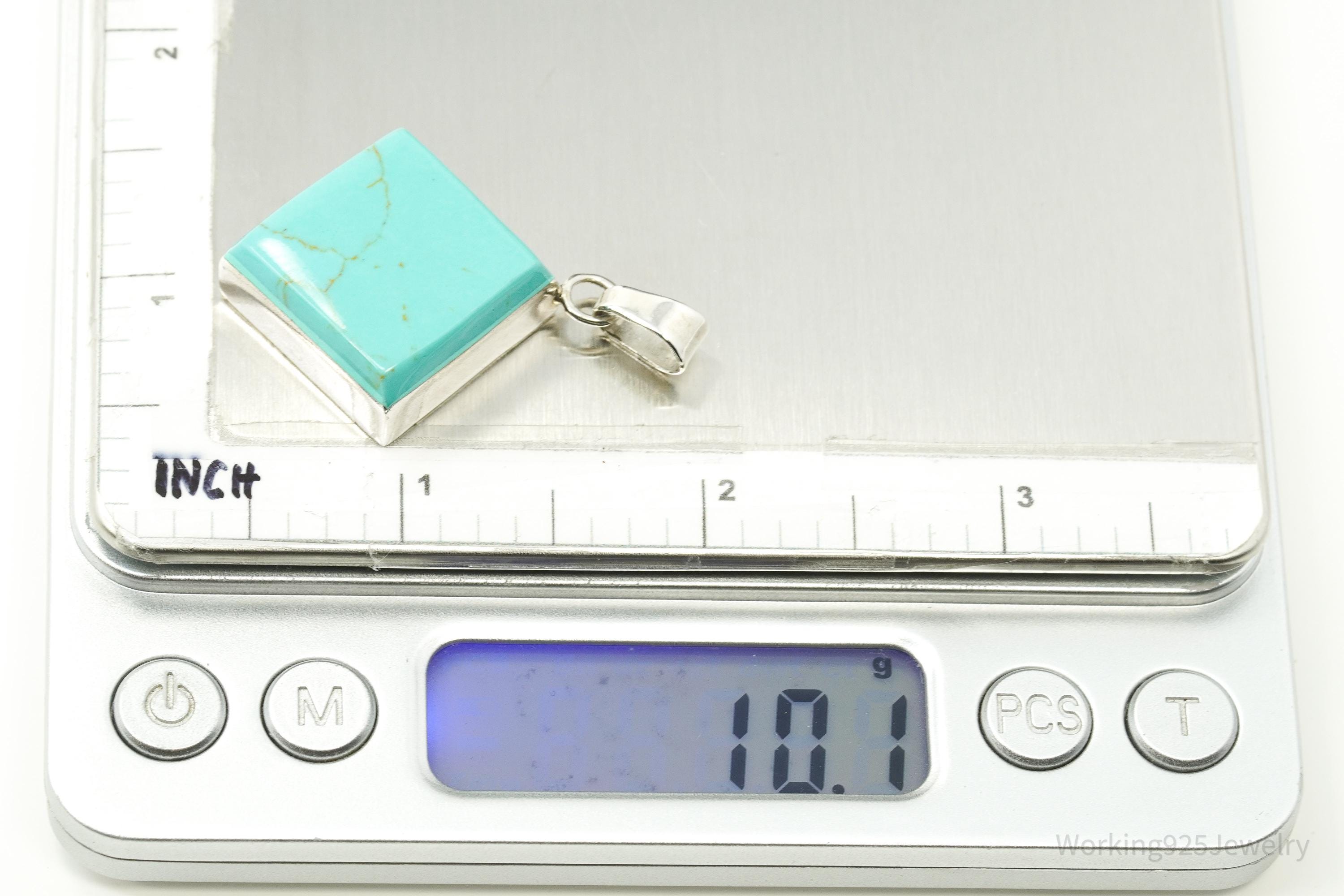 Vintage Turquoise Square Sterling Silver Necklace Pendant