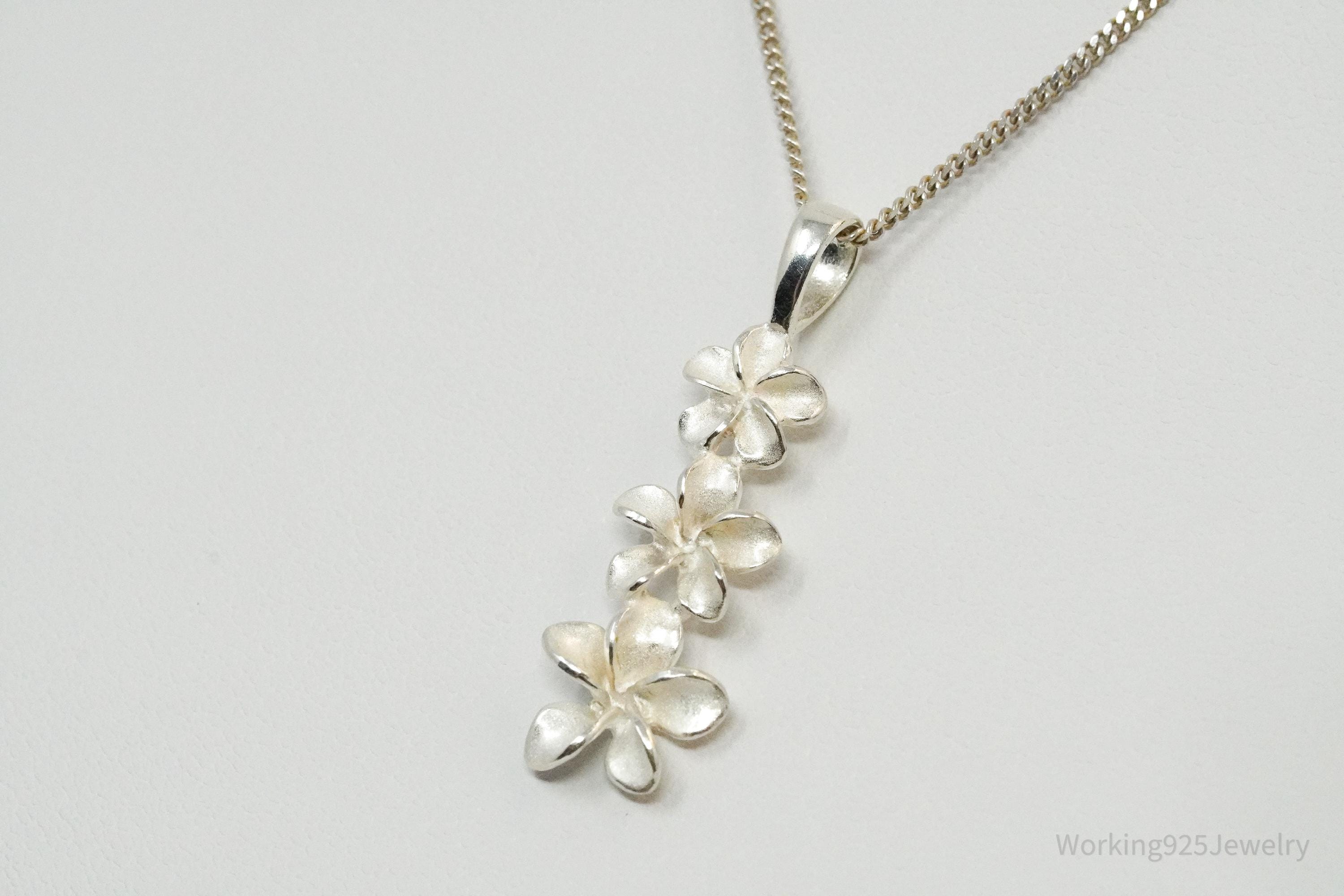 Vintage Sterling Silver Stacked Flowers Necklace 16"