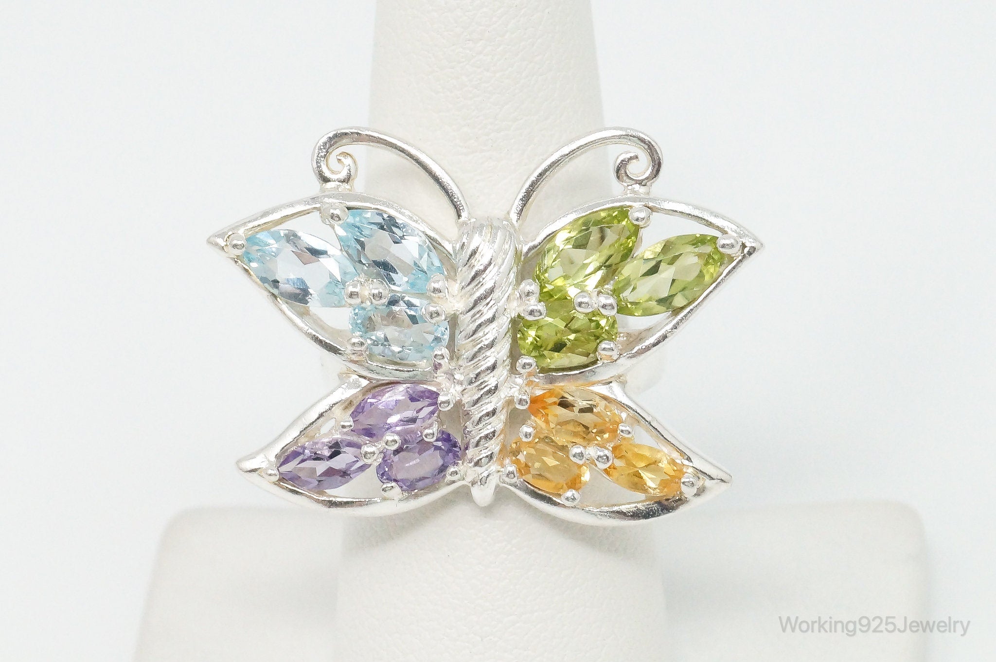 Vintage Multi Gem Butterfly Sterling Silver Ring - Size 7