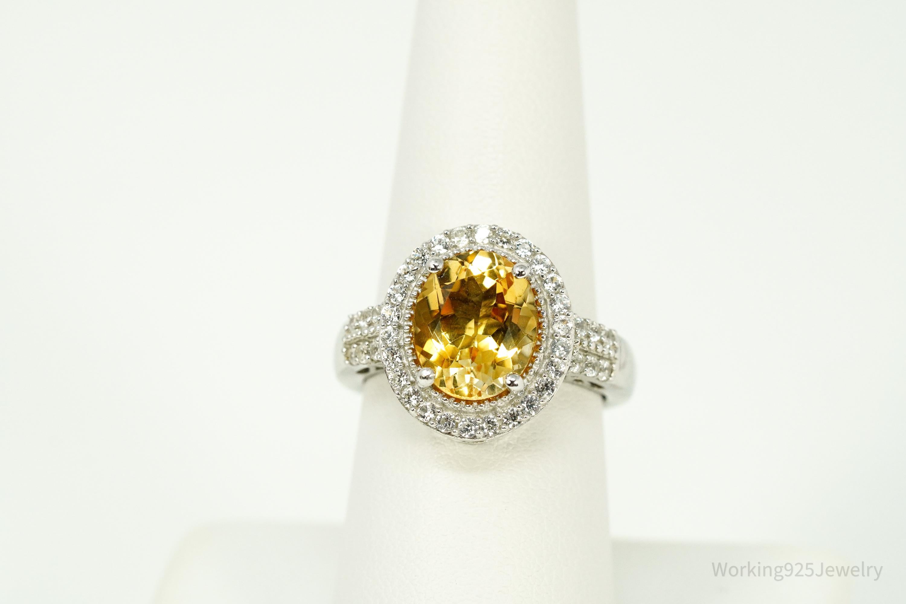 Vintage Large Citrine & Cubic Zirconia Sterling Silver Statement Ring - Size 8
