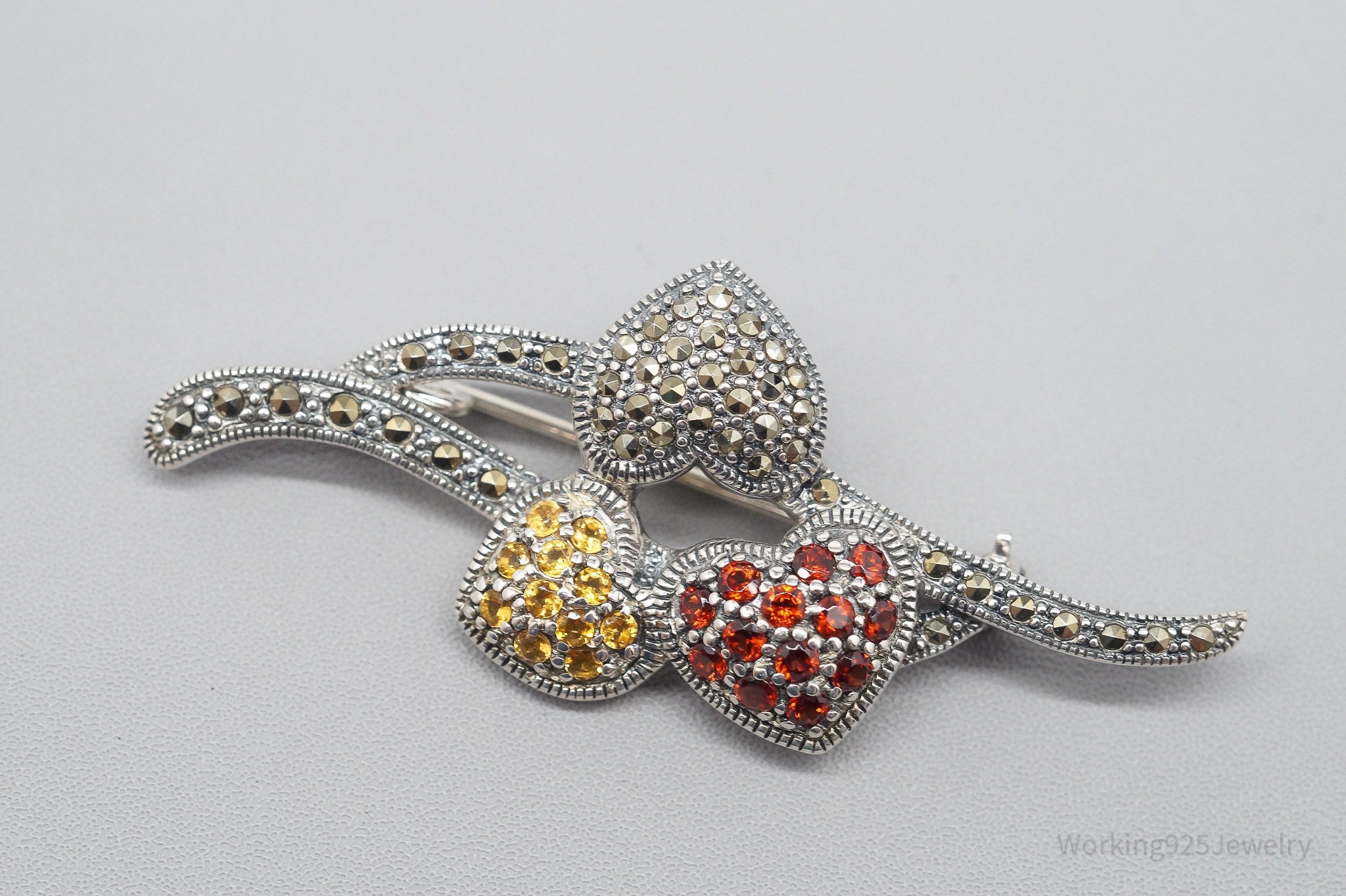 Vintage TJ Garnet Marcasite Citrine Art Deco Hearts Sterling Silver Brooch Pin
