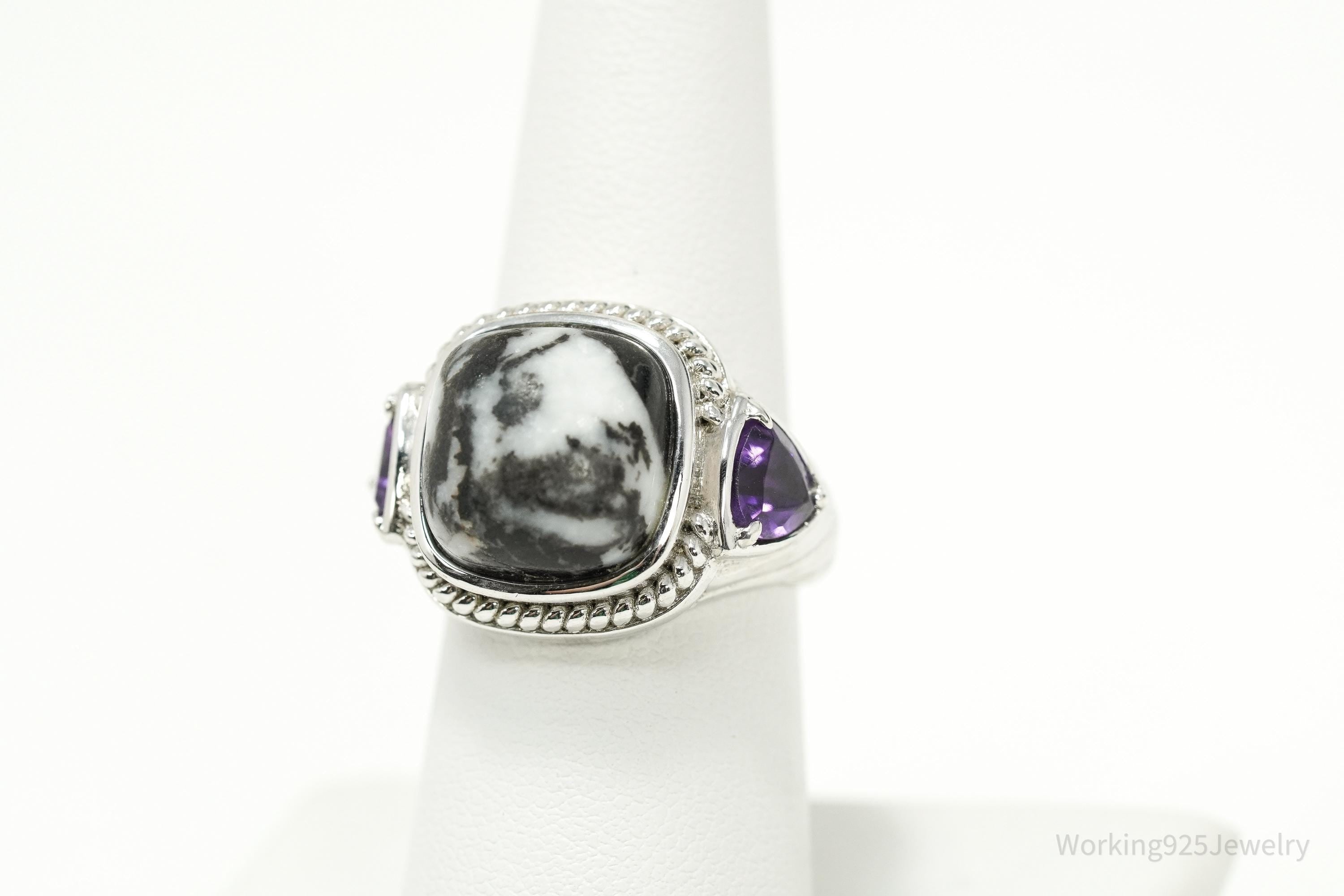 Vintage Black & White Gemstone Amethyst Sterling Silver Ring – Size 7