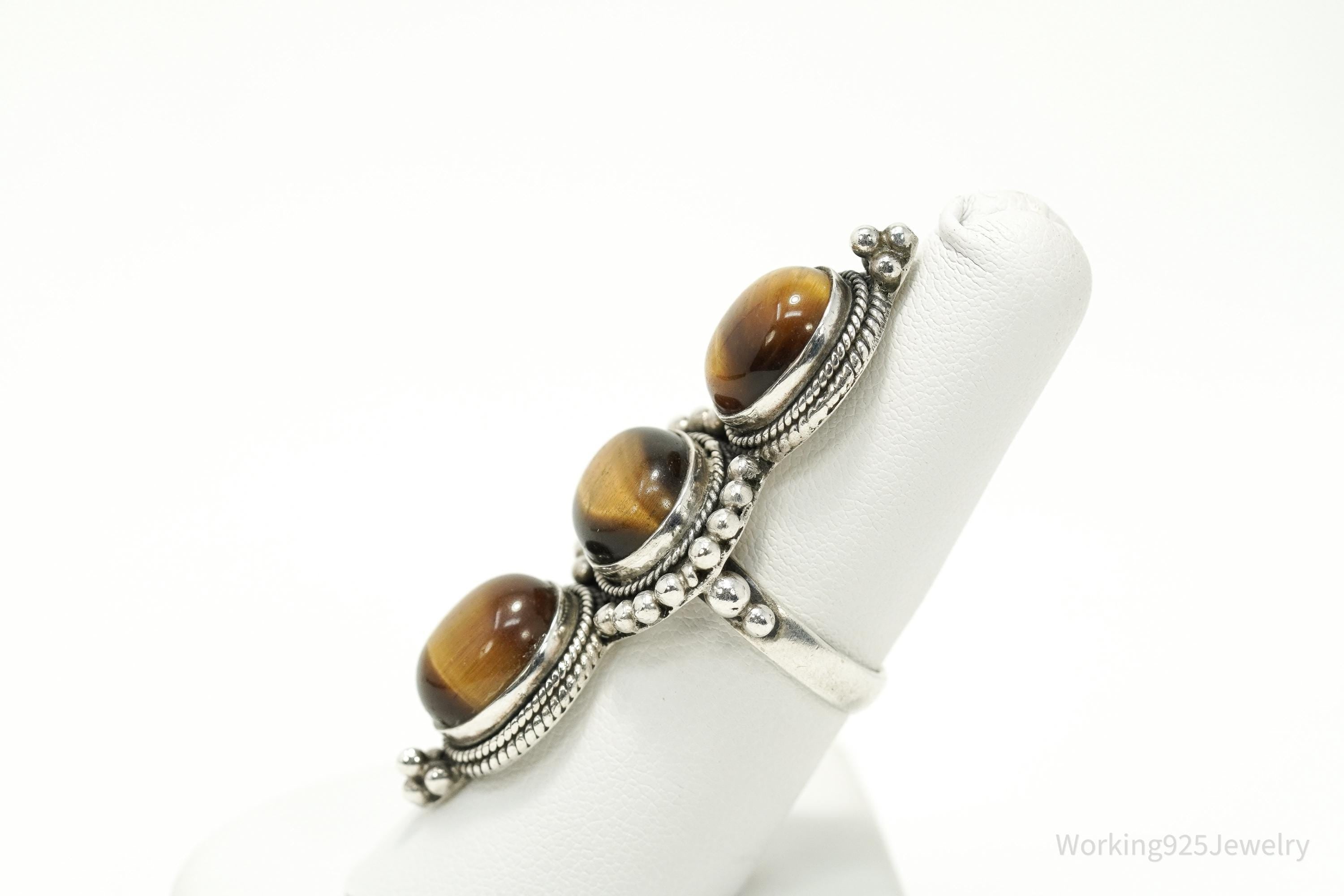 Vintage Boho Tiger’s Eye Sterling Silver Long Statement Ring – Size 7.25