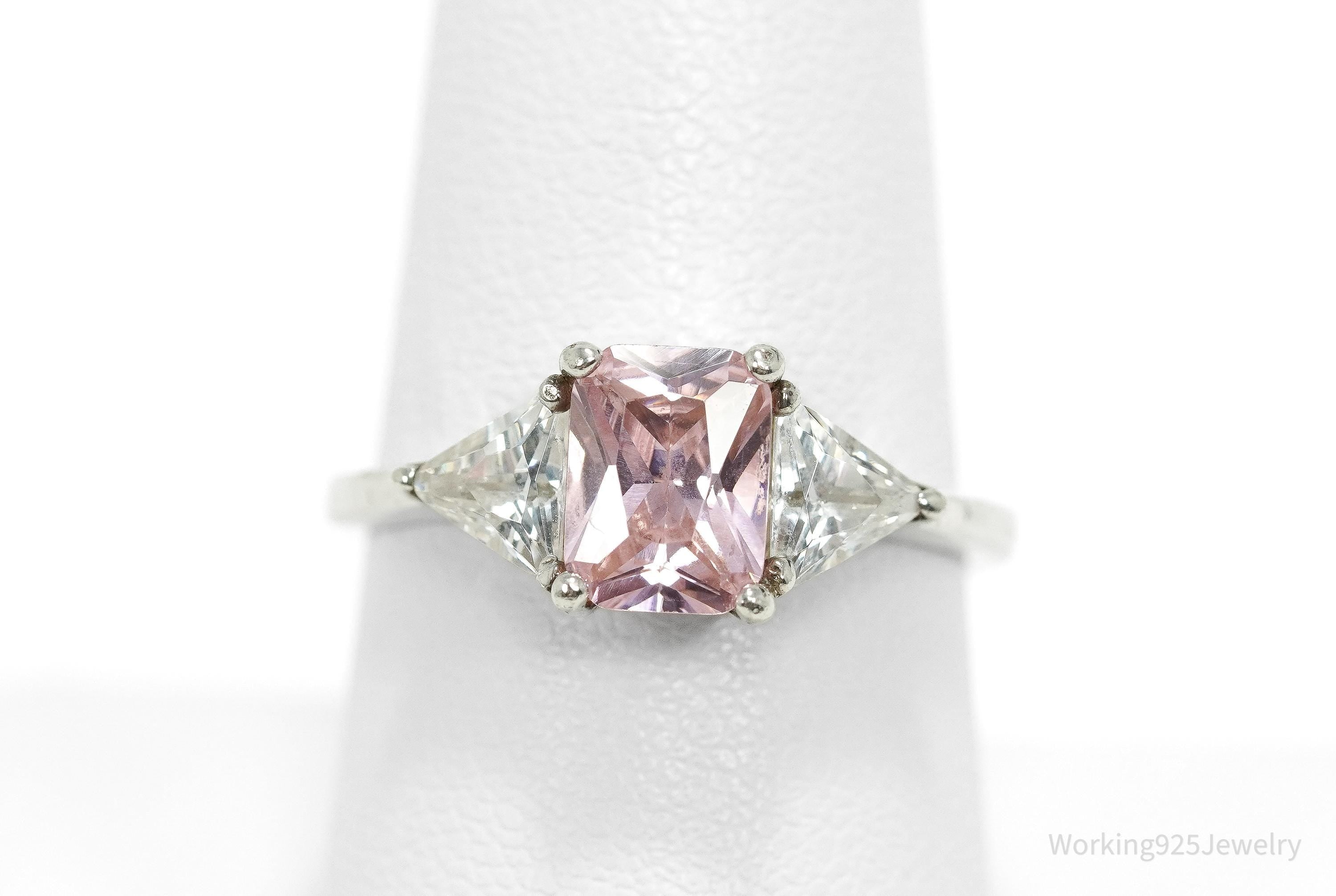 Vintage Pink & White Cubic Zirconia Sterling Silver Ring - Size 8.25