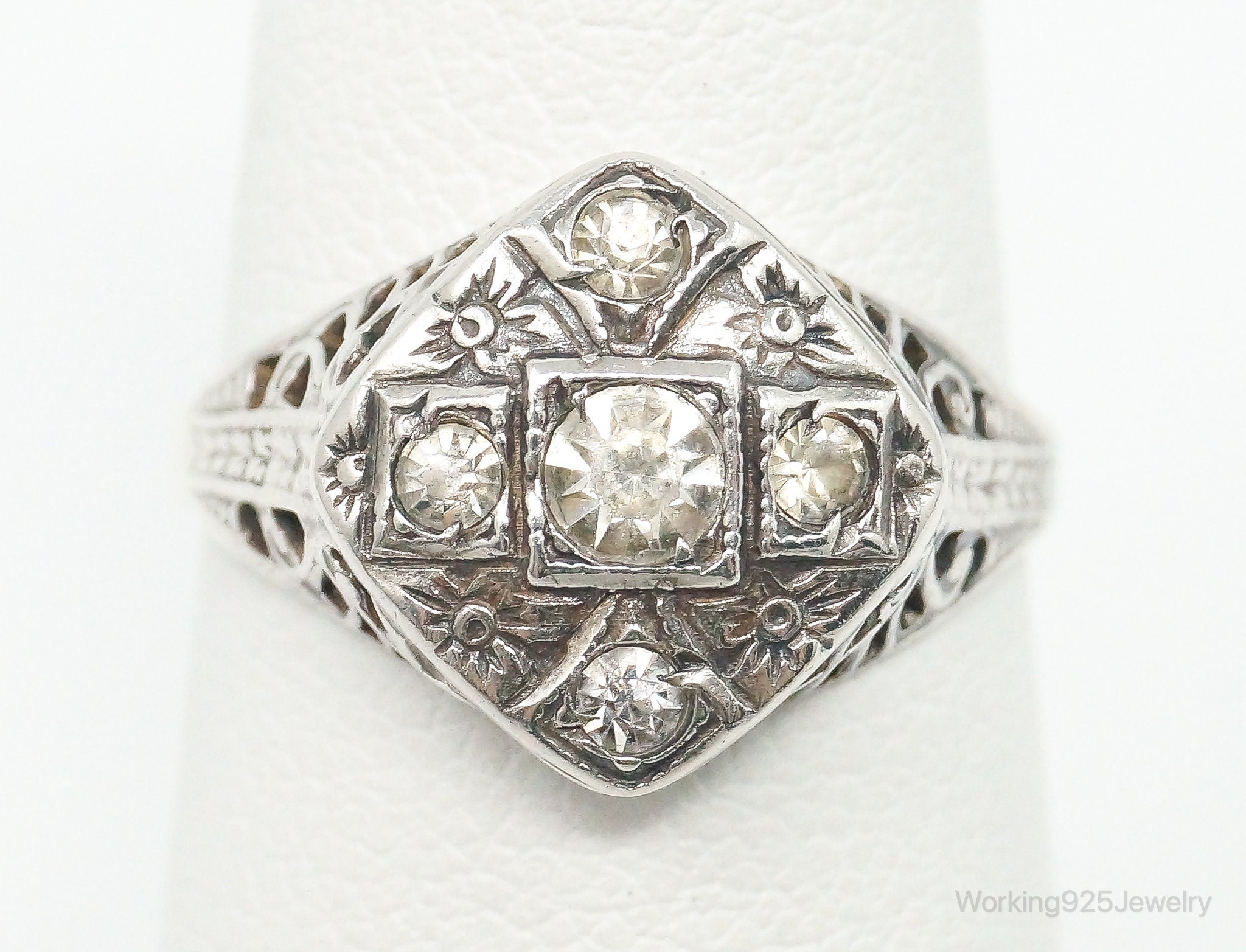 Antique Faux Diamond Sterling Silver Ring - Size 6