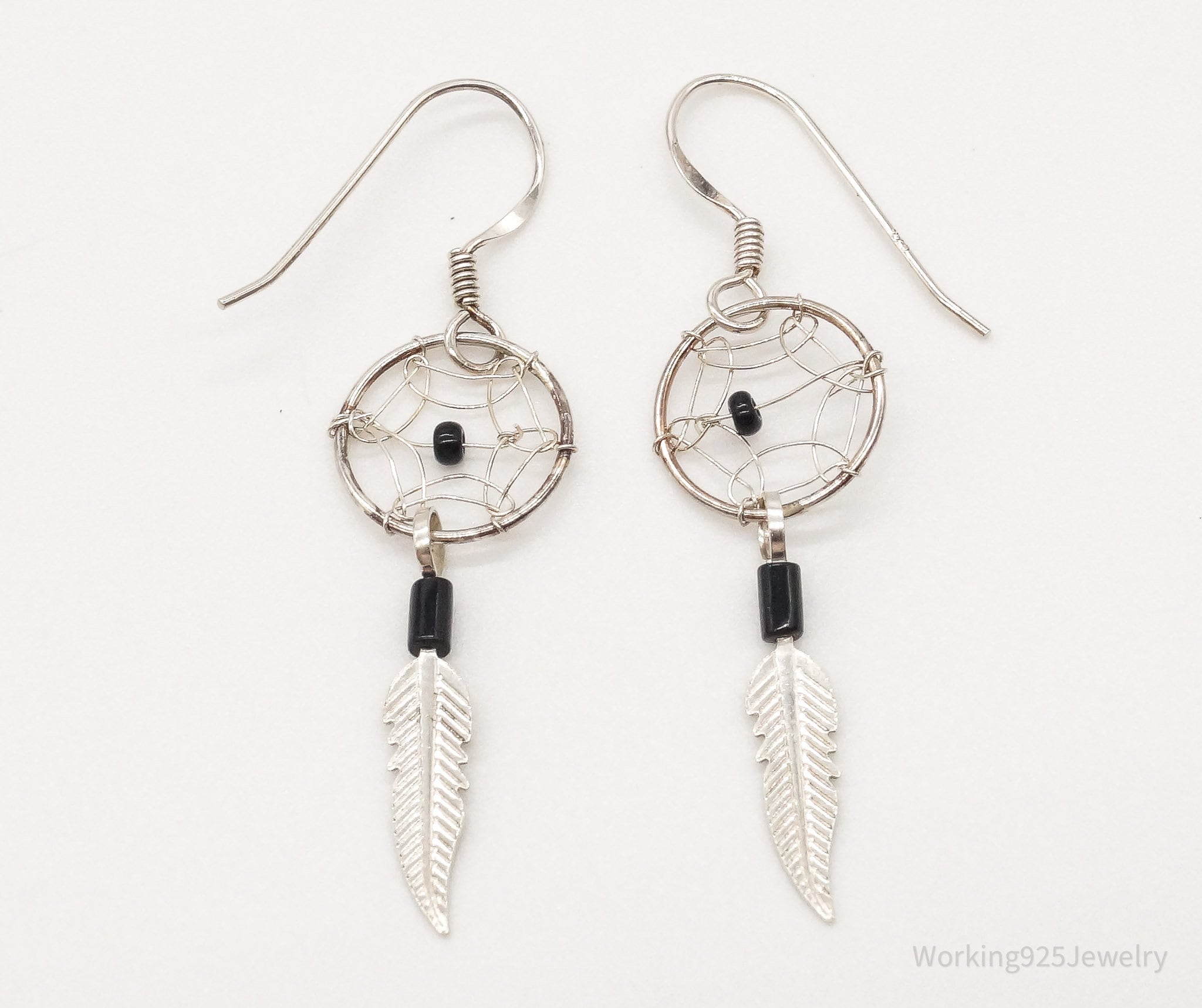 Vintage Native American Black Onyx Dream Catcher Silver Earrings