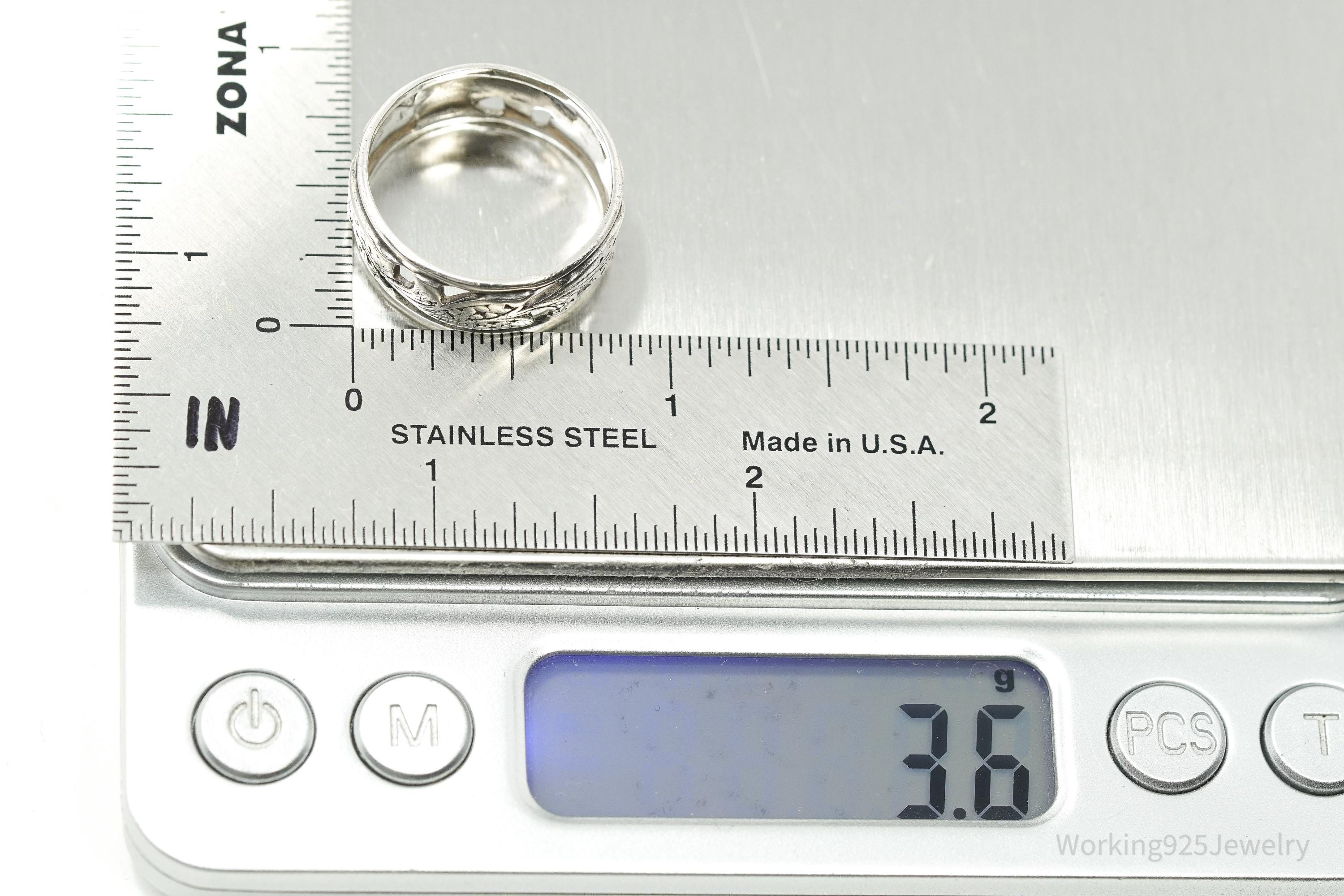Antique Floral Pattern Sterling Silver Band Ring - Size 9.25