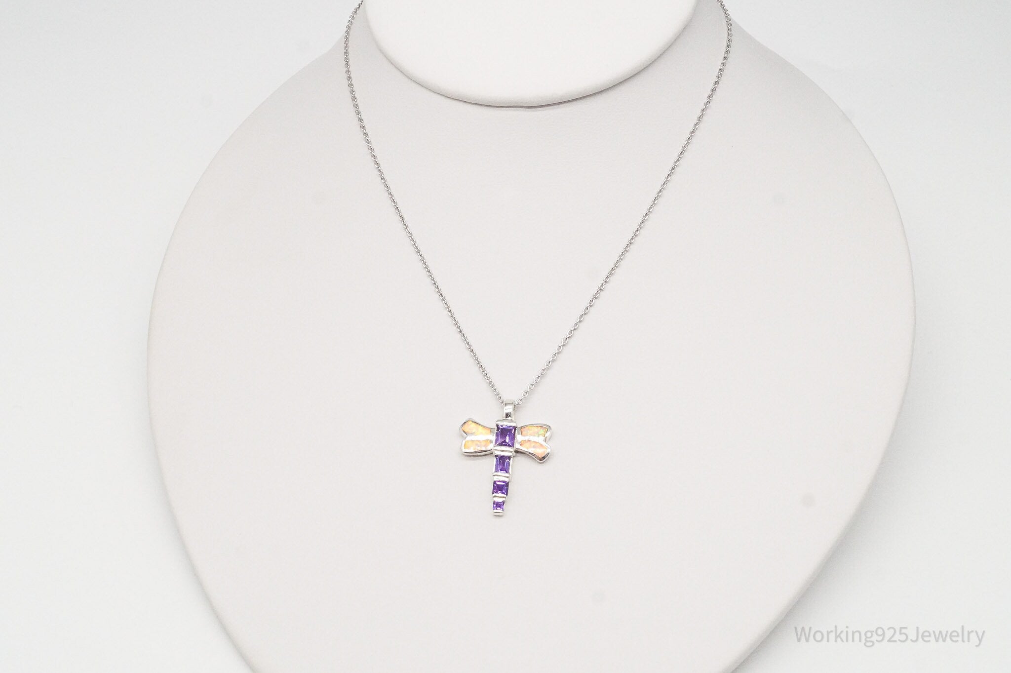 Vintage Opal Amethyst Dragonfly Sterling Silver Necklace 18"