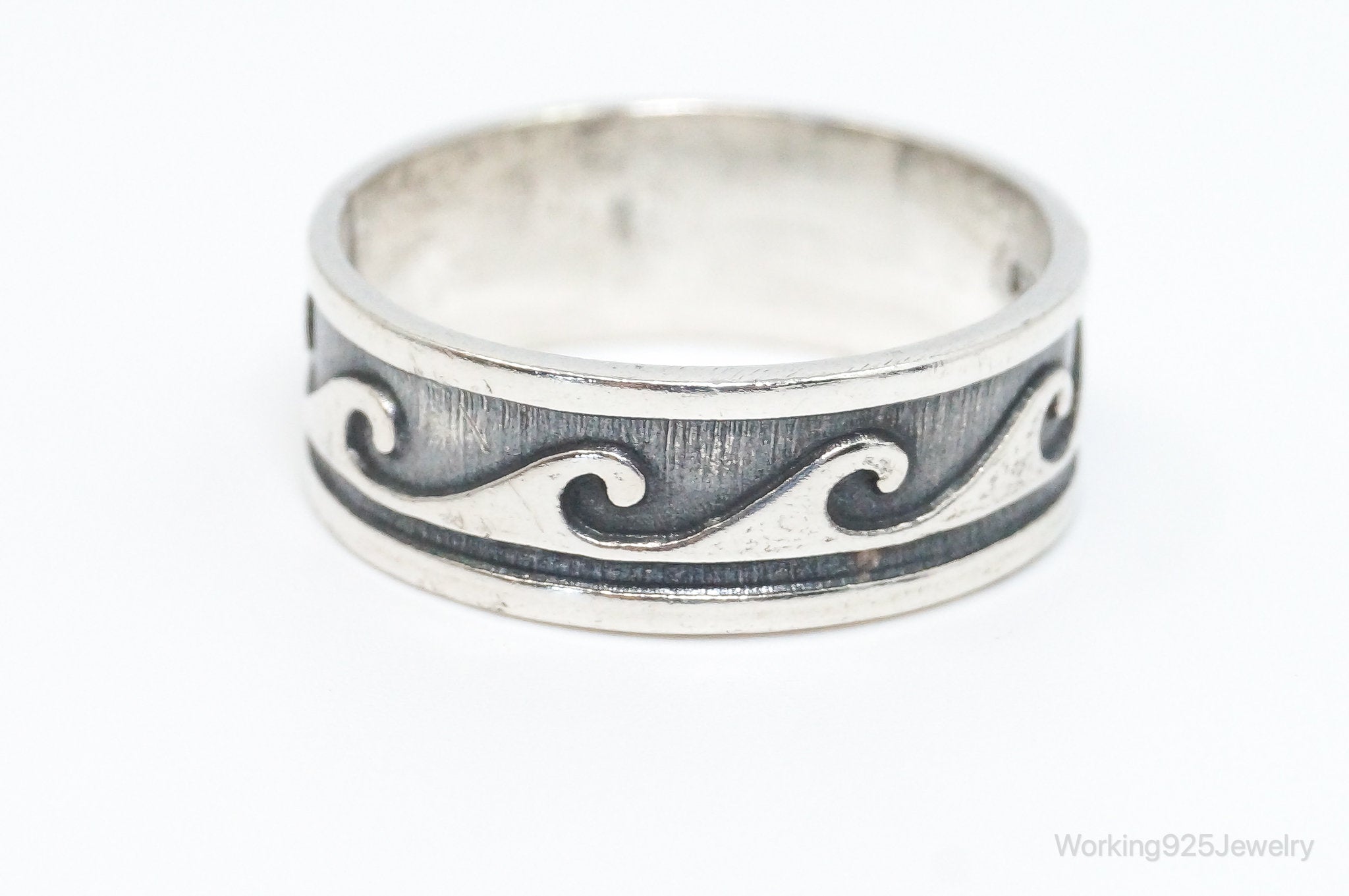 Vintage Wave Scroll Oxidized Design Sterling Silver Band Ring - Size 10