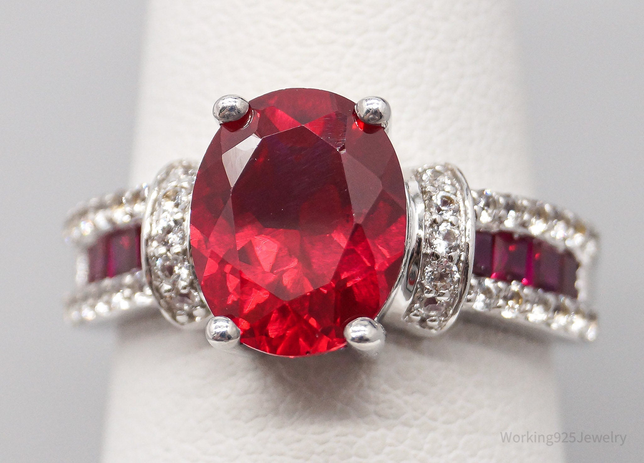 Vintage SUN Lab Ruby & White Topaz Sterling Silver Ring - Size 7.25