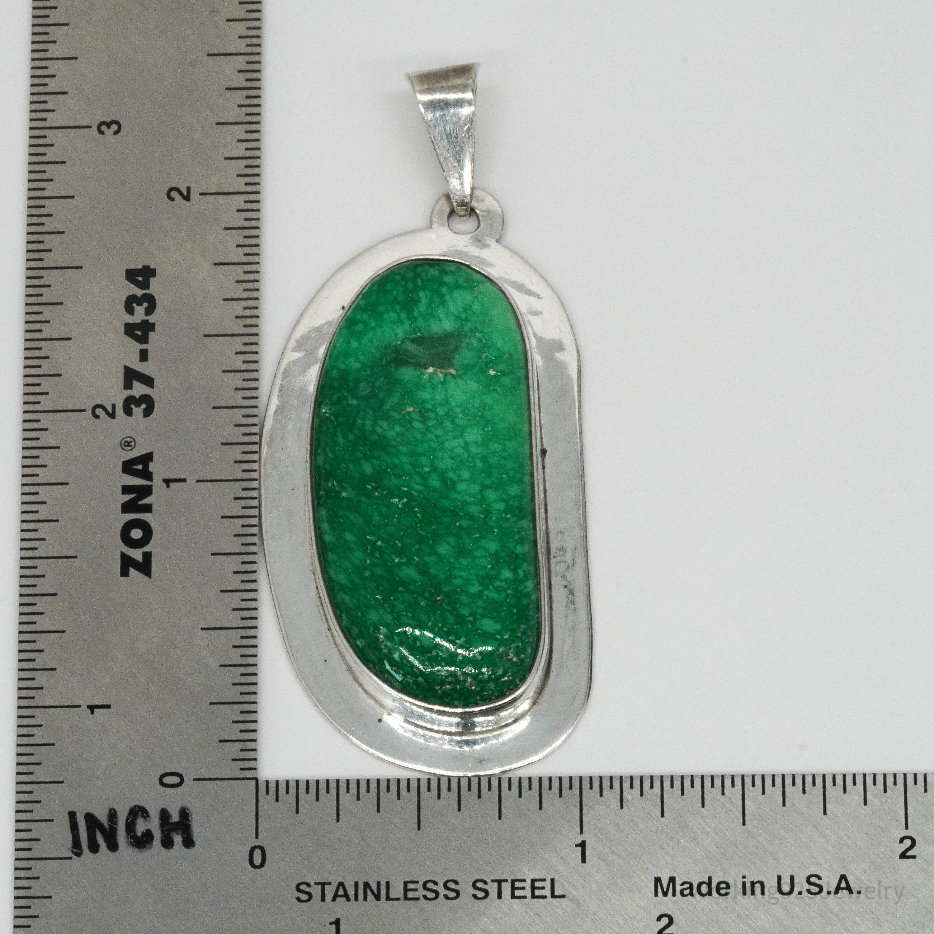 Vintage Large Mexico Modernist AIS Green Stone Sterling Silver Pendant 2 5/16"