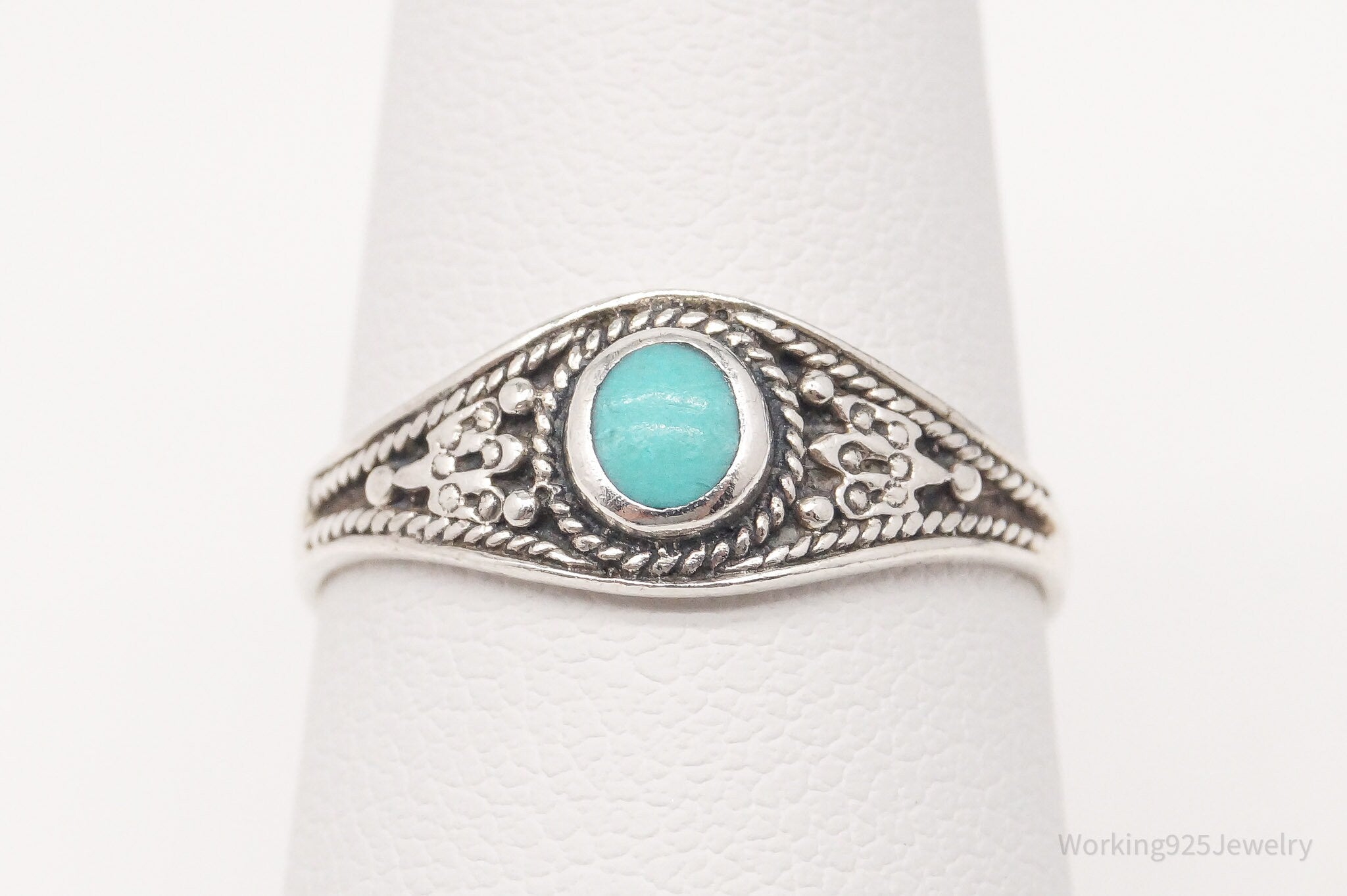 Vintage Turquoise Filigree Sterling Silver Ring - Size 7