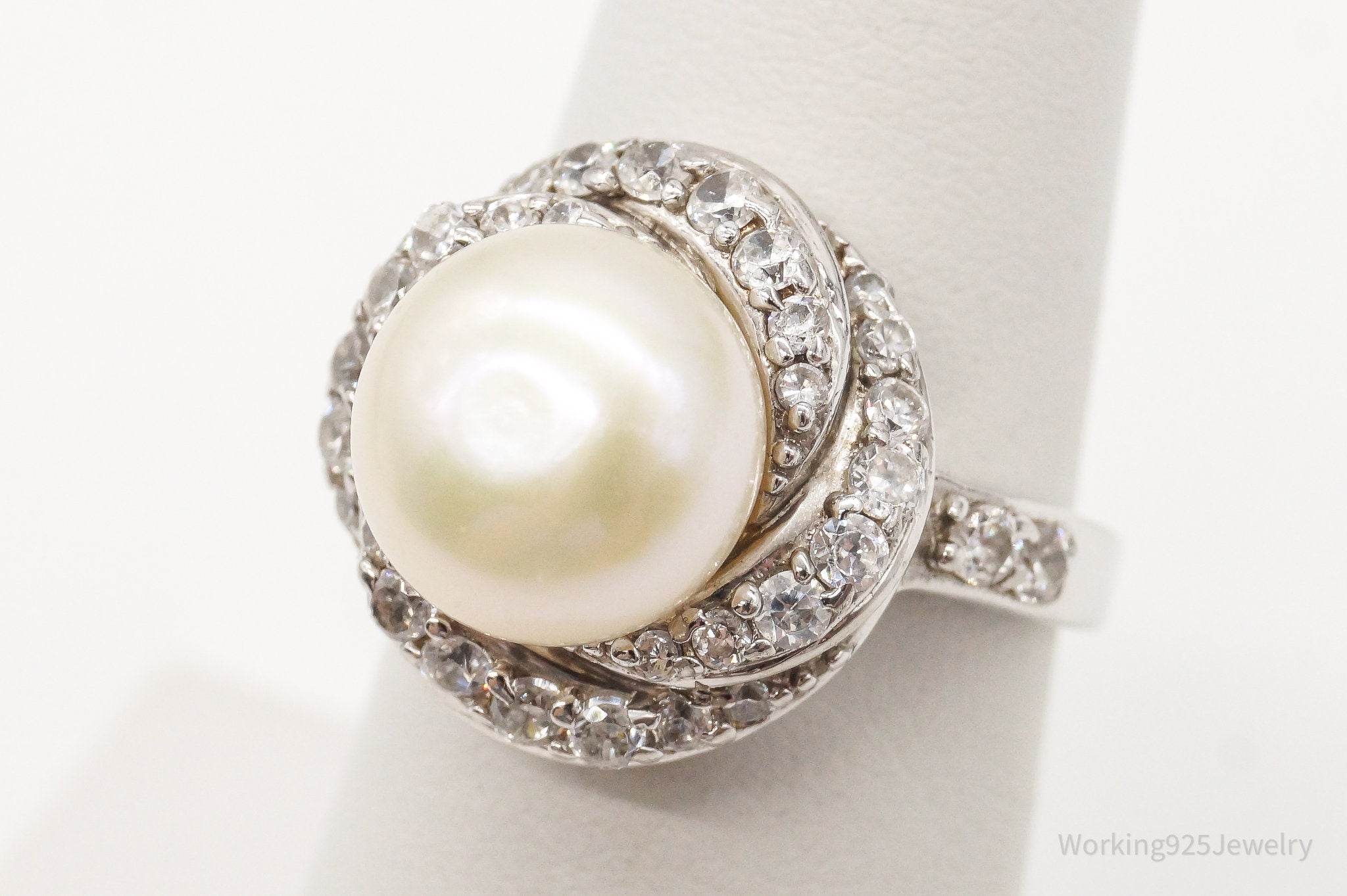 Vintage Pearl Cubic Zirconia Sterling Silver Ring - Size 6