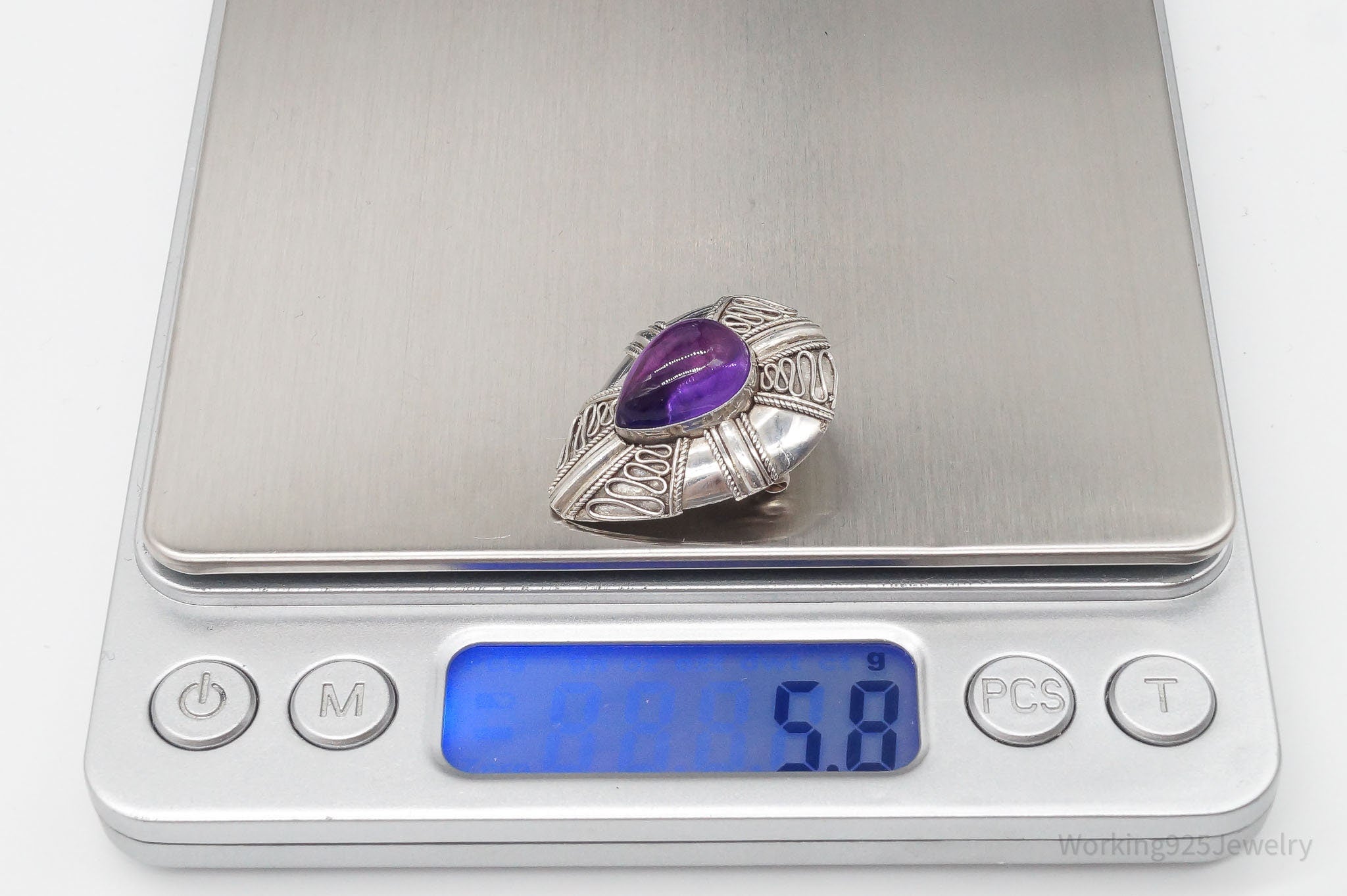 Vintage Amethyst Bali Style Sterling Silver Brooch Pin Pendant