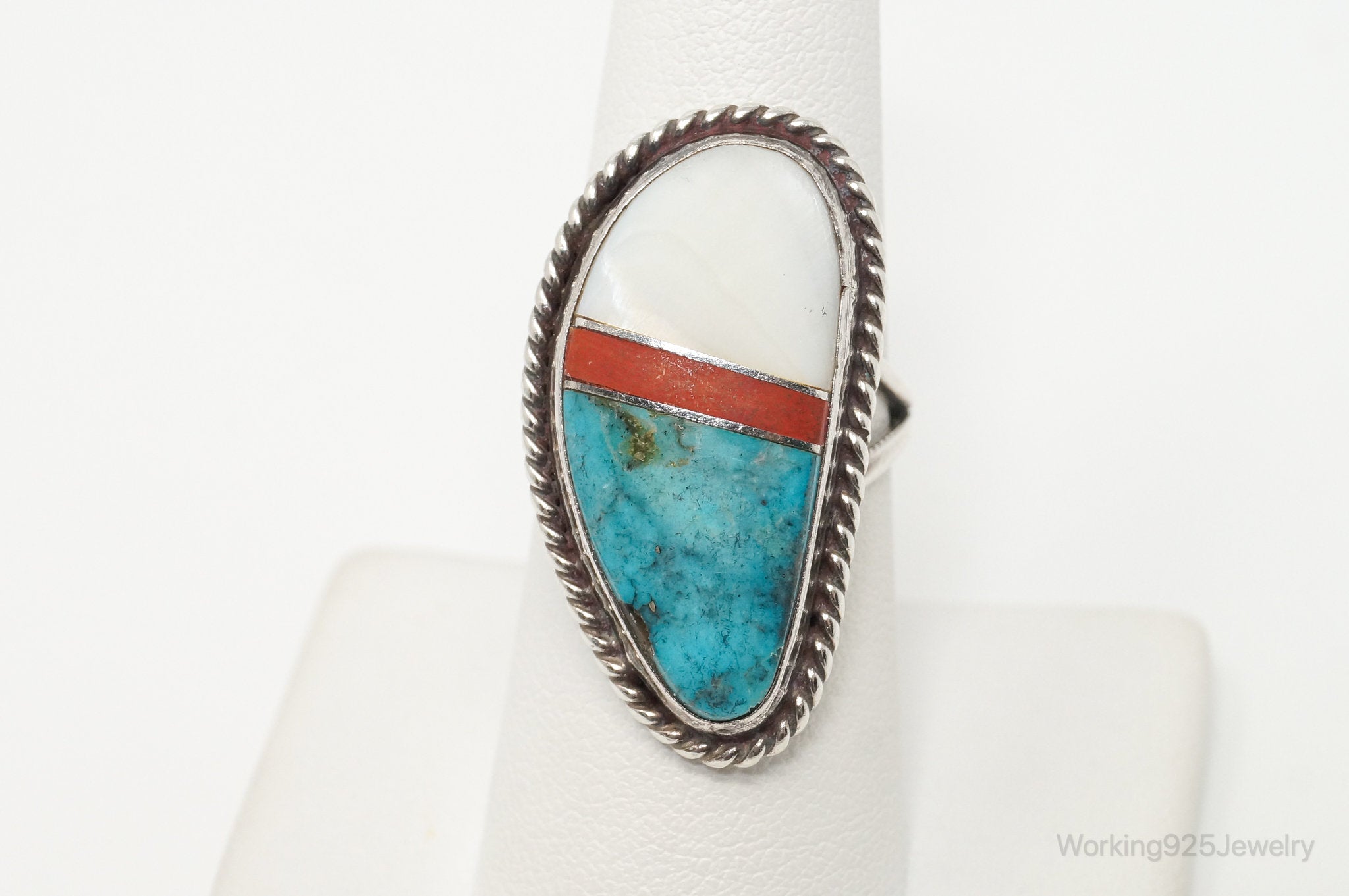 Vintage Native American Multi Gem Unsigned Sterling Silver Ring - Sz 7.75