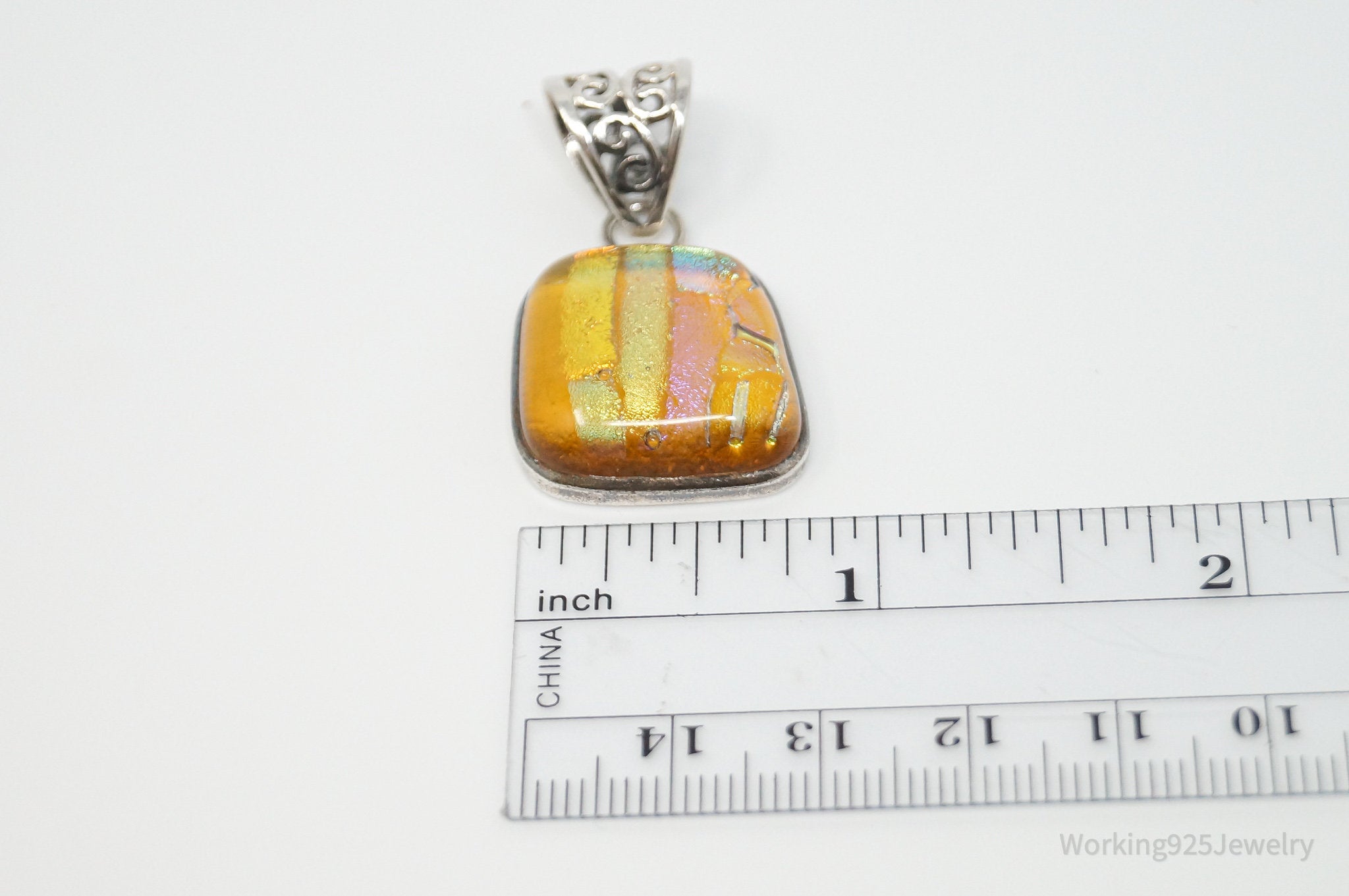 Vintage Large Dichroic Glass Square Sterling Silver Necklace Pendant